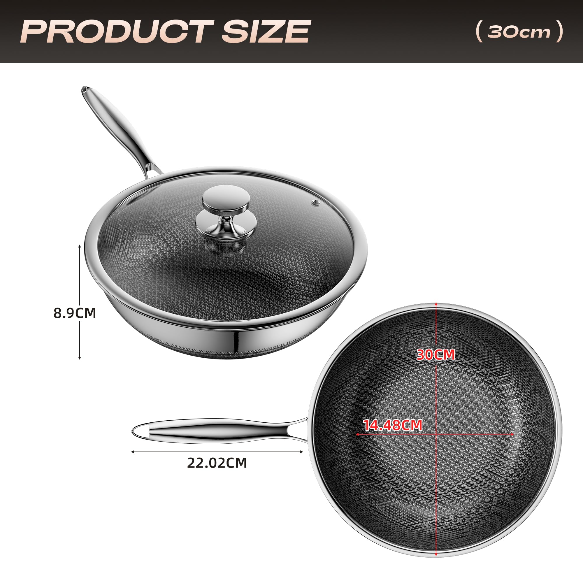 Wok antiadherente con tapa de 30 cm, wok híbrido de acero inoxidable, sartén, mango que se mantiene frío, fácil de limpiar, libre de PFAS PFOA y PTFE, apto para horno hasta 260 °C, apto para
