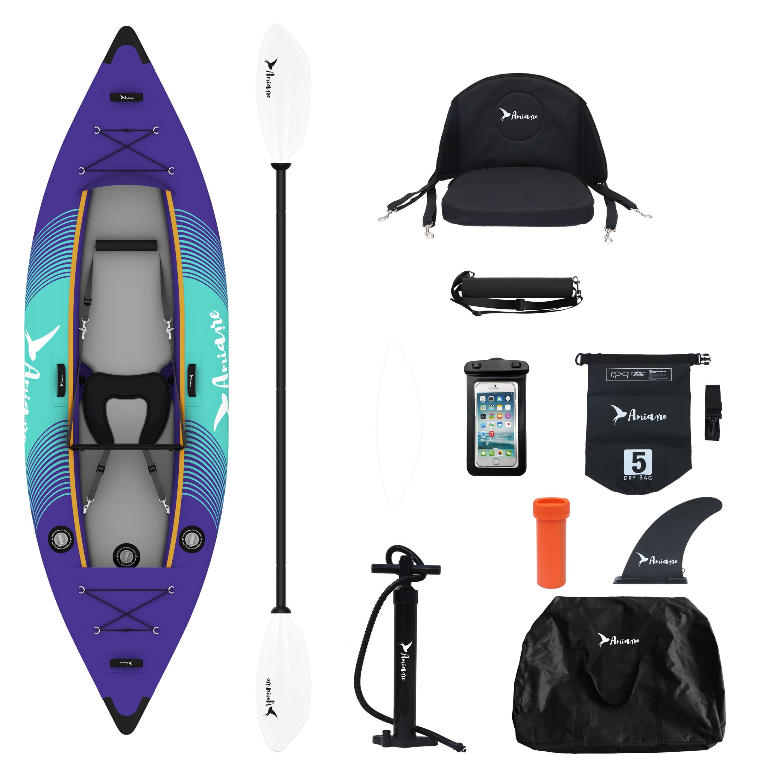 Kayak Hinchable Individual 320 cm Drop Stitch 8 cm – Pack Completo con Remo, Bomba, Asiento y Quilla | Rígido y Estable, PVC Resistente, Bolsa Transporte, 1 Persona, Lago Río y Mar