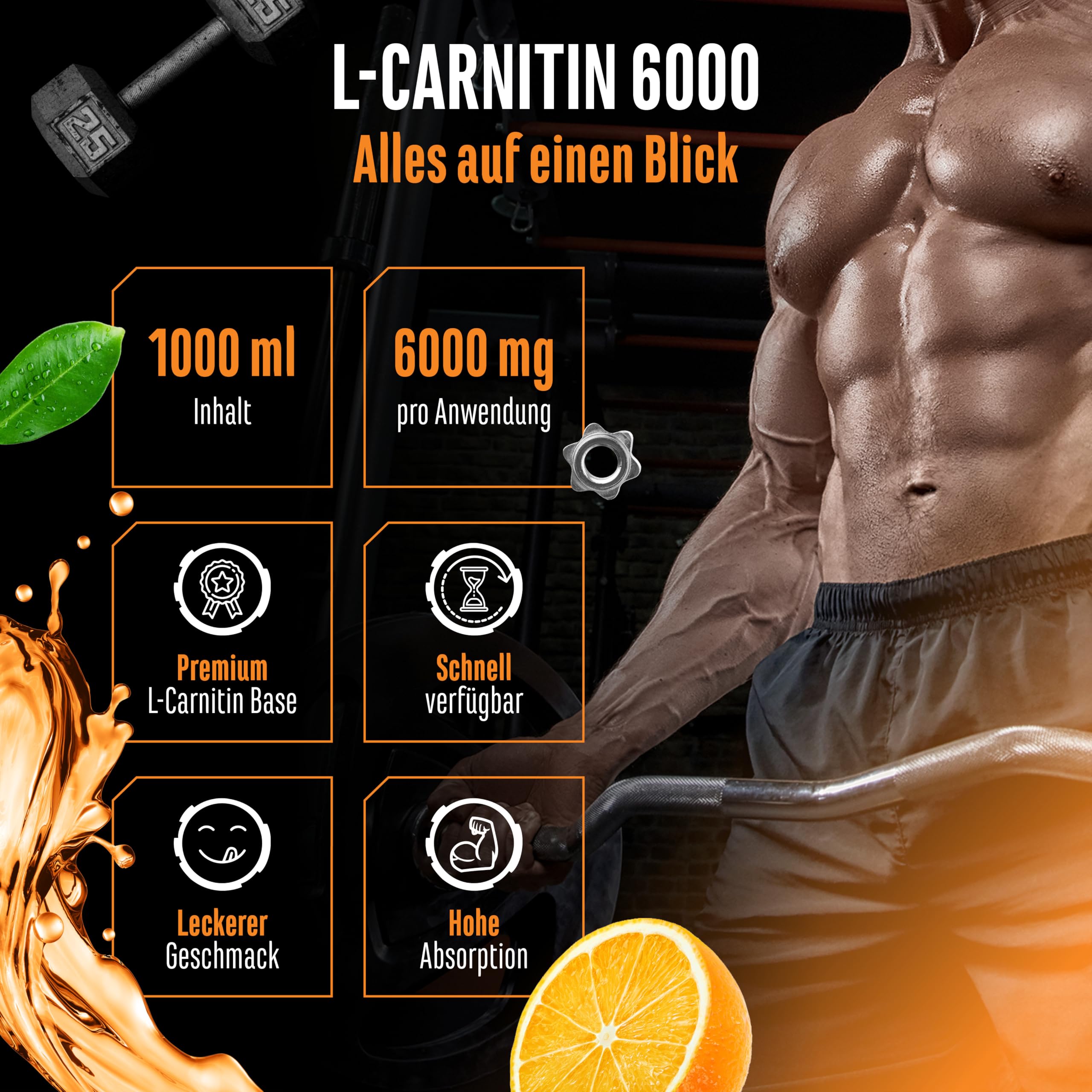 L-Carnitine 6000 Liquid - 1000 ml - Extra High Dose with 6000 mg Pure  L-Carnitine per Daily Serving - Amino Workout Drink - Delicious Taste  (Orange ...