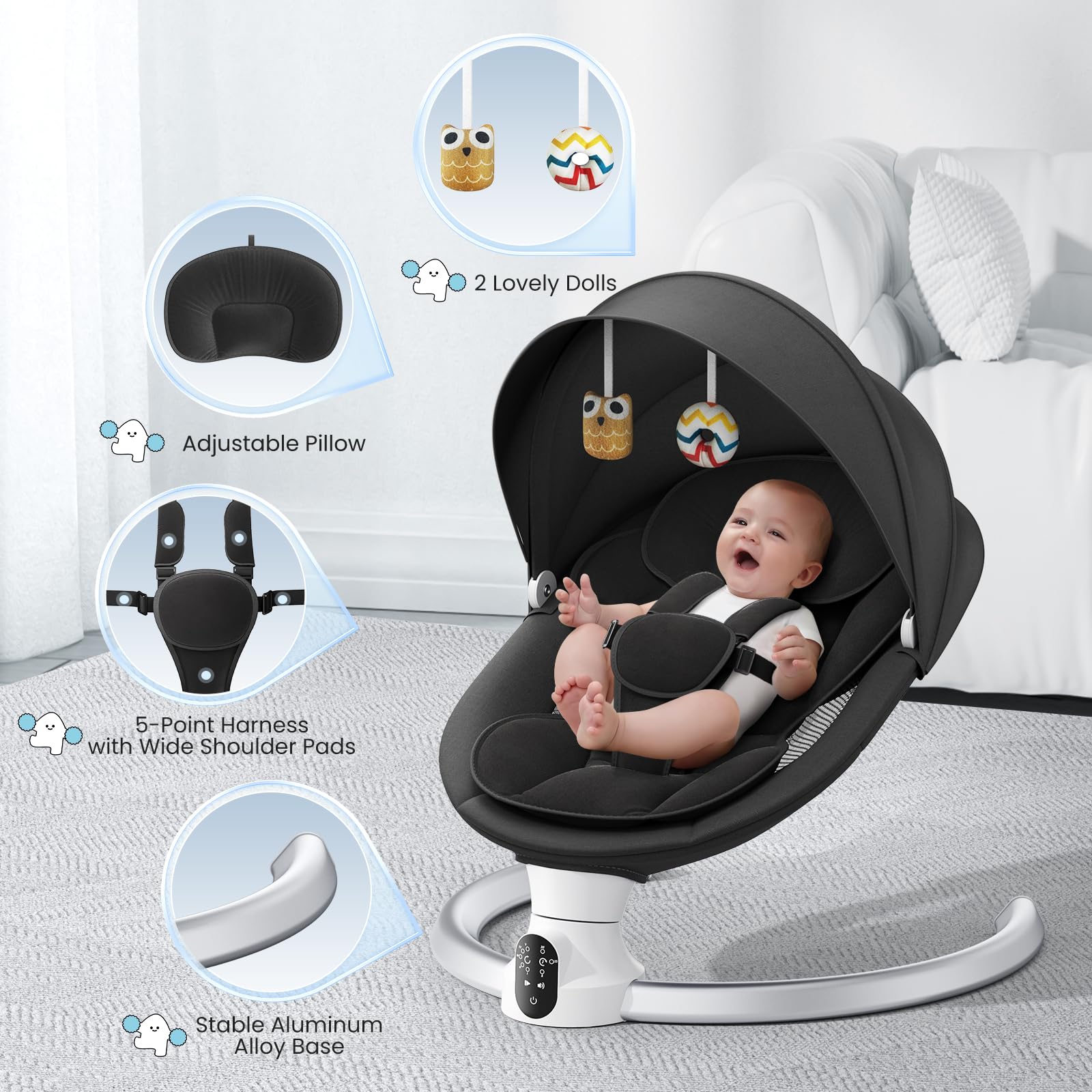 Bouncer eléctrico para bebés con 5 amplitudes de swing temporizador de 3 etapas, silla de gorila para bebés con control de aplicaciones móviles y control remoto(Negro)