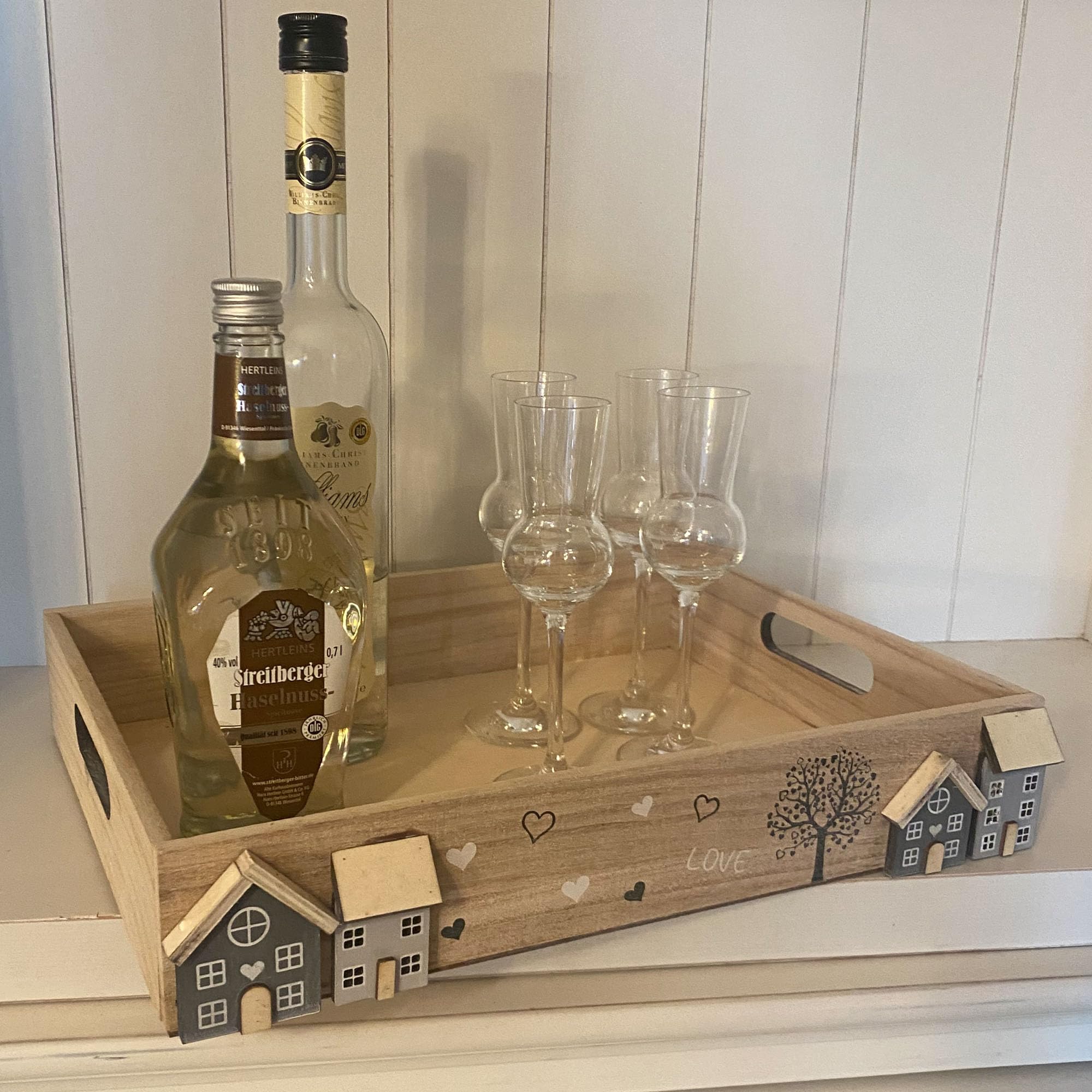 Lot De 2 Plateaux En Bois Blanc Délavé - Avec Poignées, Motifs Décoratifs - Pour Service, Déco Salon/cuisine