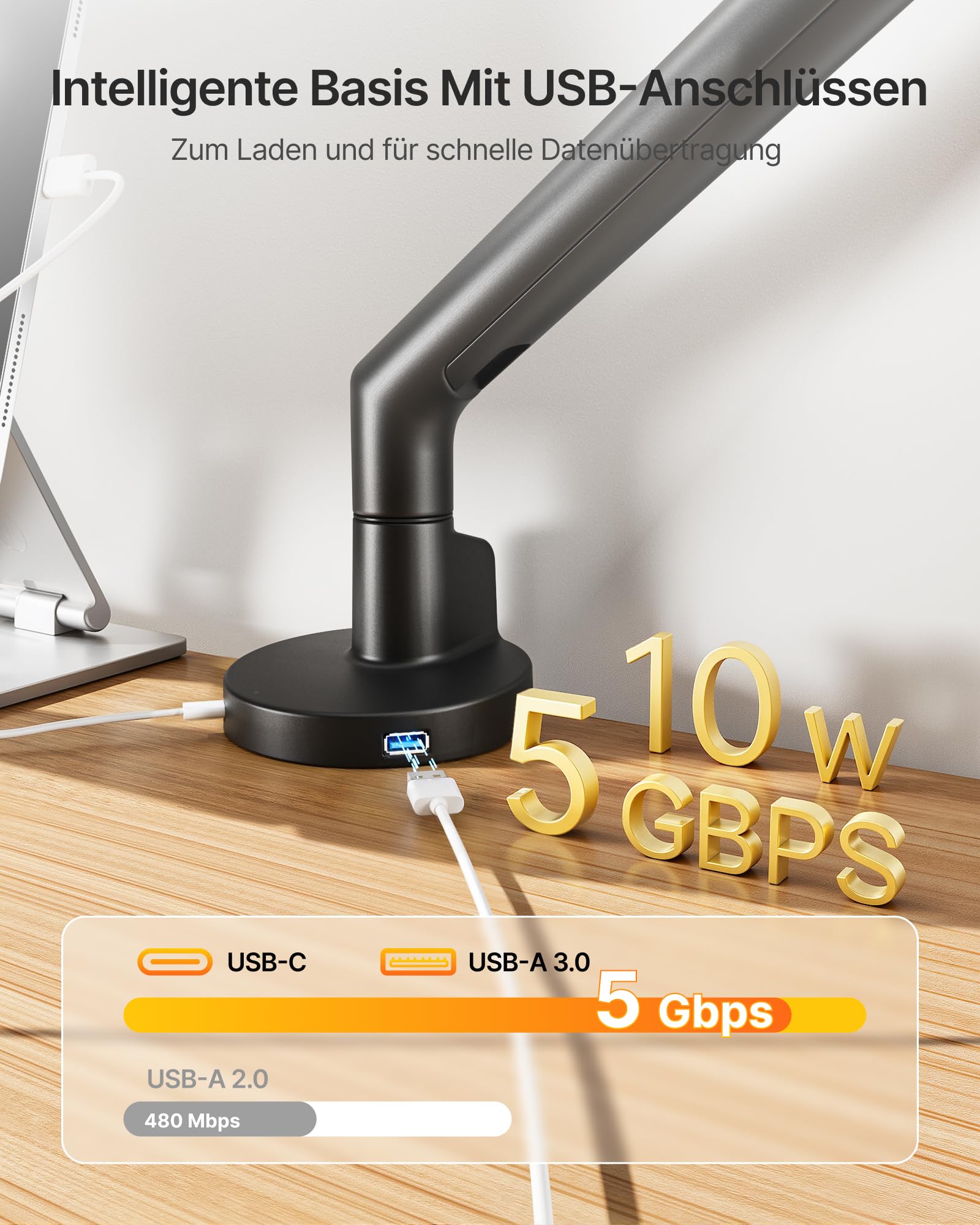 monTEK Monitor Halterung für 17-40 Zoll Bildschirm mit USB, Schwarz | Tragfähigkeit 11KG, Stabil, Höhenverstellbare Gasdruckfeder Monitor Arm mit Klemmschelle/ Tischdurchführung, VESA 75/100mm