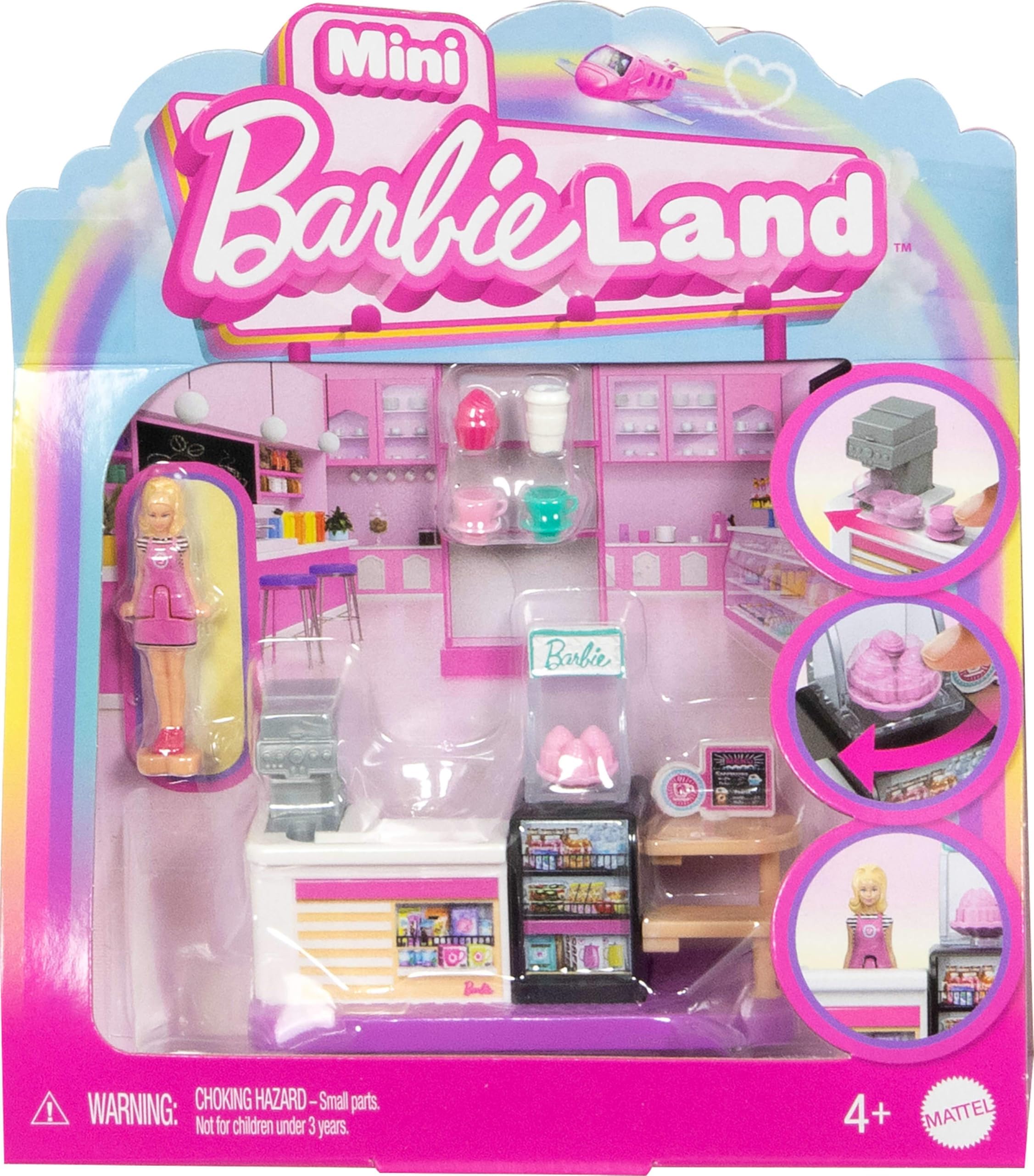 Mini BarbieLand Collectible Bakery Playset with 1.5-Inch Doll, Coffee Maker Station, Pastry Display and Seating Area for Storytelling Play