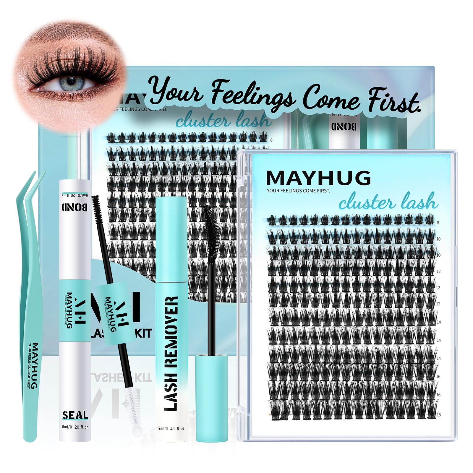 Mayhug Lash Extension Kit 192Pcs Lash Clusters Kit Wispy Eyelash Extensions 8-18MM Individual Lashes Extensions with Bond and Seal Lash Glue and Eyelash Extension Tweezers DIY at Home