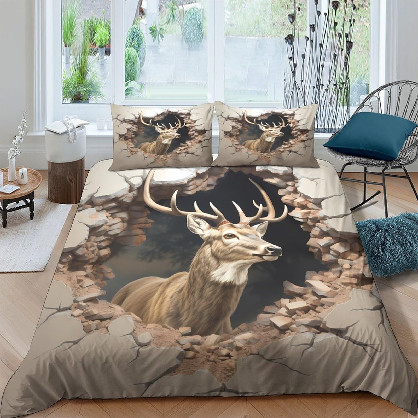 Ctjqhvkz Style-1 3D Printed Deer Forest Fitted Sheet Microfiber Soft Breathable Antler Bed Cover For Bedroom Guest Room Decor Single（135X200cm）
