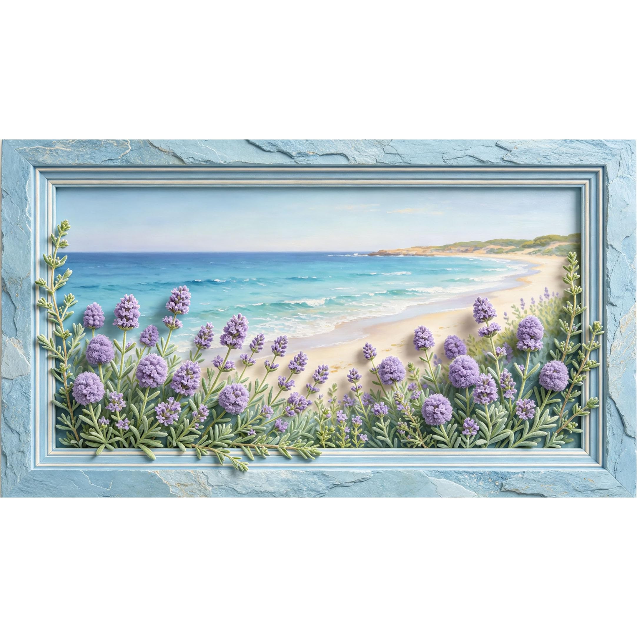 QZLITHOTIC 50×90cm3D Framed Wall Art， Lavender Beach Landscape Coastal Oil Painting Self?Adhesive Mural， Water?Activated Peel & Stick Fabric Decor Wall Decal for Bedroom Living Room