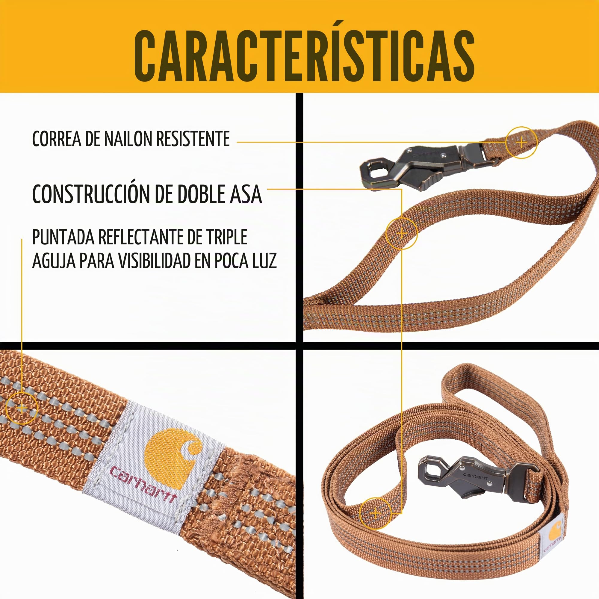 Carhartt Correa de Perro de Doble Mango, Tela Duradera de 600 Denier con Accesorios de Anillo en D de Metal Ajustable, marrón Carhartt