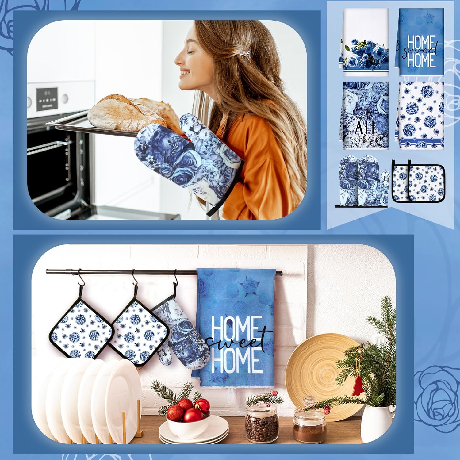 Leinuosen 8 Pcs Blue Rose Kitchen Towels and Dishcloths Sets Oven Mitts and Pot Holders Sets Absorbent Kitchen Gloves Potholders Heat Resistant for Chef Baking Cooking - Image 2