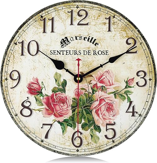 Lafocuse 12 Inch Silent Wooden Rustic Pink Rose Wall Clocks for Living Room Decor, Vintage French