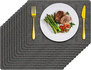 Placemats Set of 12 Washable, Heat Resistant Table Placemats Wipeable Faux Leather Place Mats Non Slip, Waterproof Square Table Mats for Indoor Outdoor, Charcoal Gray