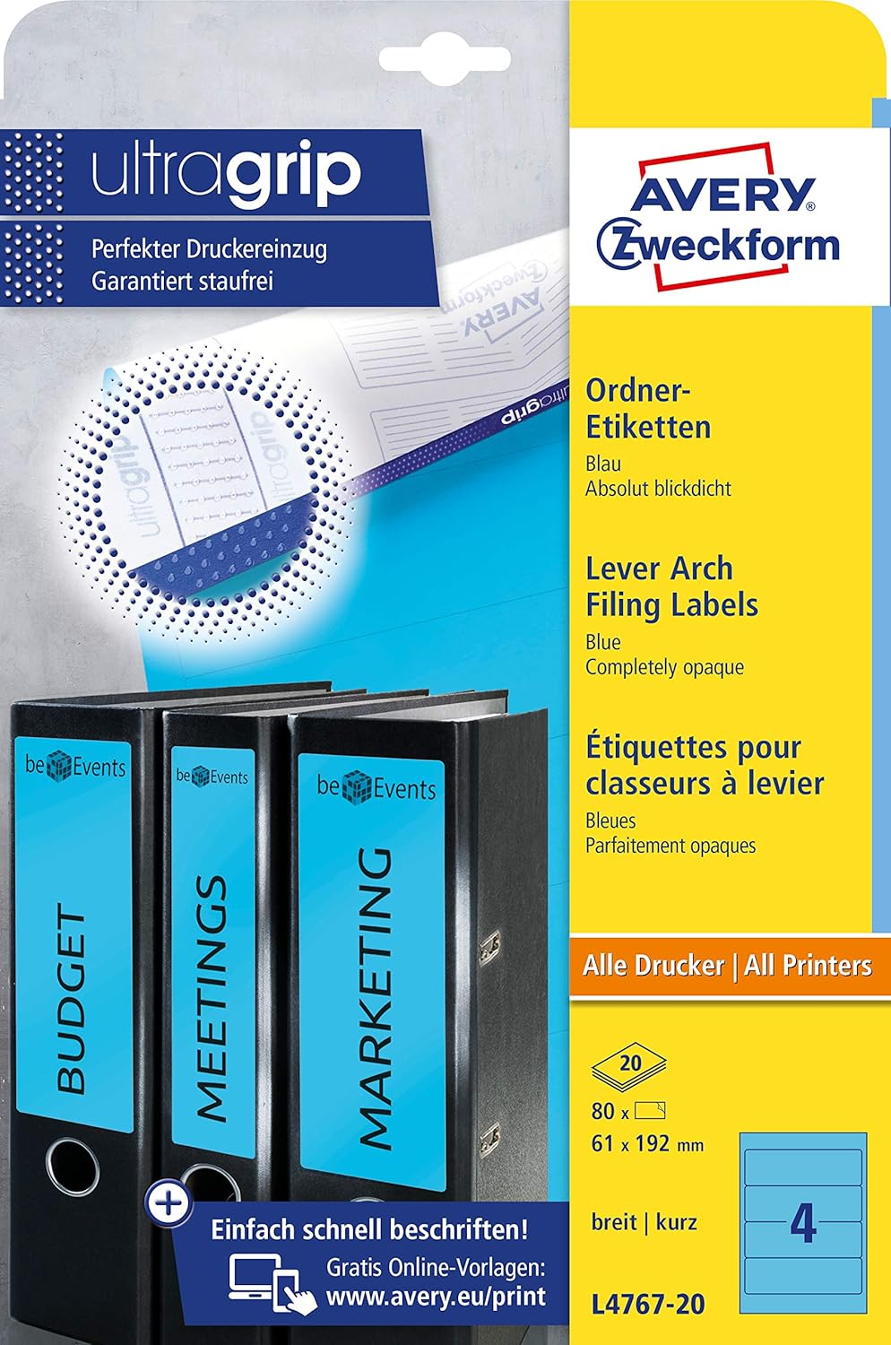 Avery Zweckform L4767-20, Folder Labels for Wide Folders Short e.g. for Leitz Elba Mehle Bene Biella 192 x 61 mm 20 Sheets