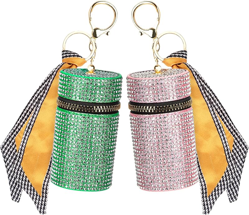 Adorila Estojo cilíndrico para batom com chaveiro, strass e lenço removível, verde e rosa, pacote com 2