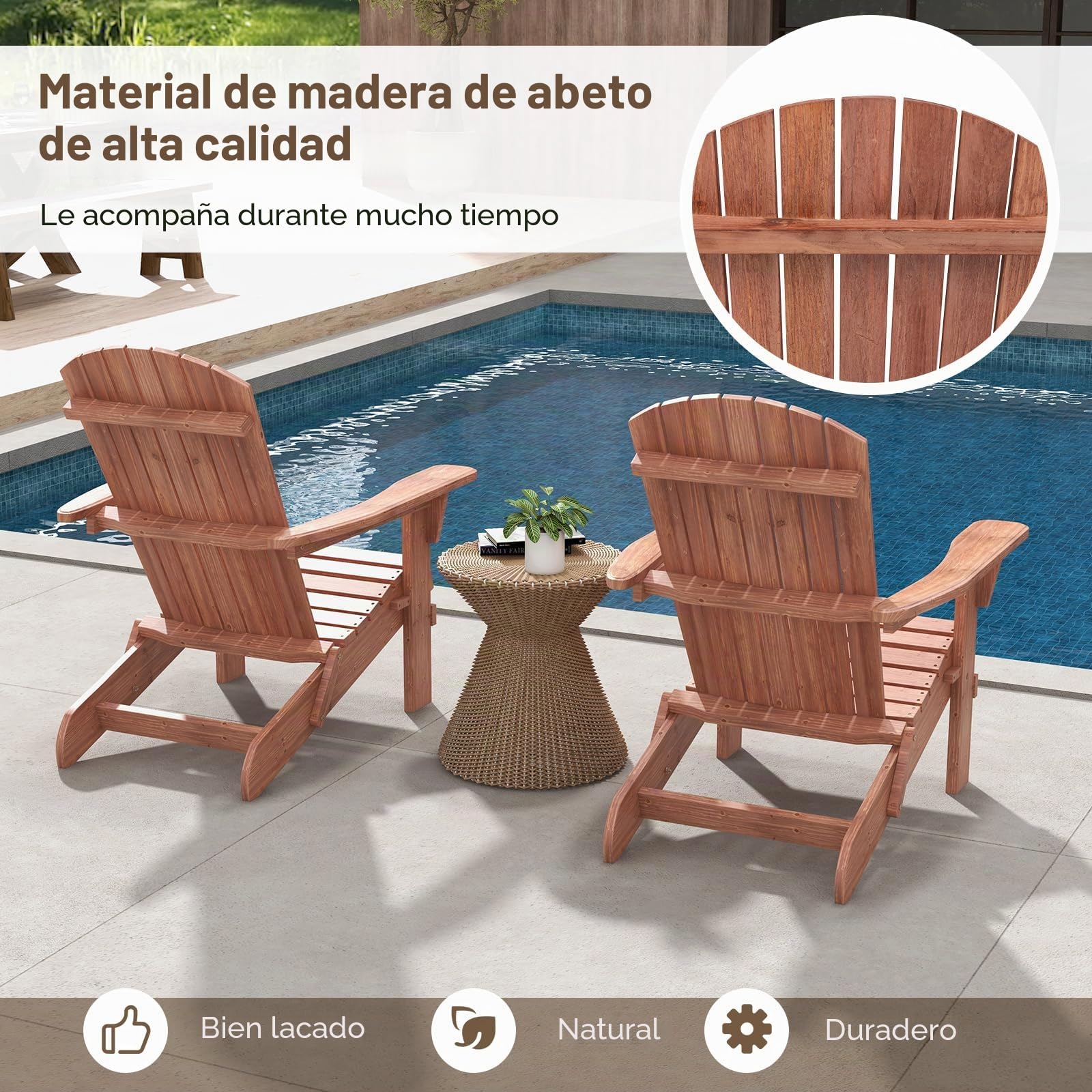 GOPLUS Adirondack Juego de 2 sillas Adirondack plegables de madera de abeto, soporta hasta 180 kg, con respaldo ergonómico y reposabrazos anchos, silla de madera para exteriores, jardín, patio, balcón