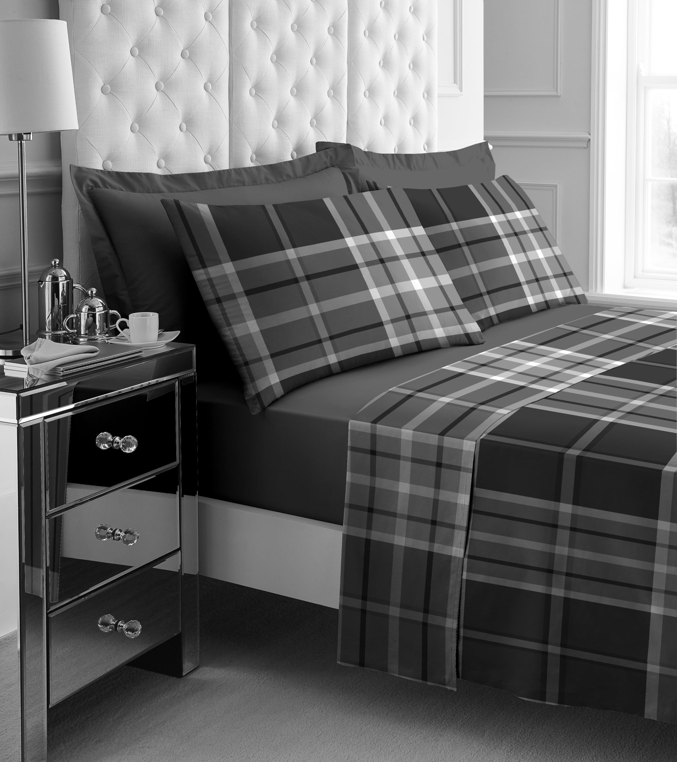 GC GAVENO CAVAILIA Double Bed Sheet Set - 4Piece Printed Bedding Set (Fitted Sheet, Flat Sheet & 2 Pillow Cases) - Warm Thermal Fluffy Bedding - Soft Polyester Fleece Bedding Sheet Set, Grey