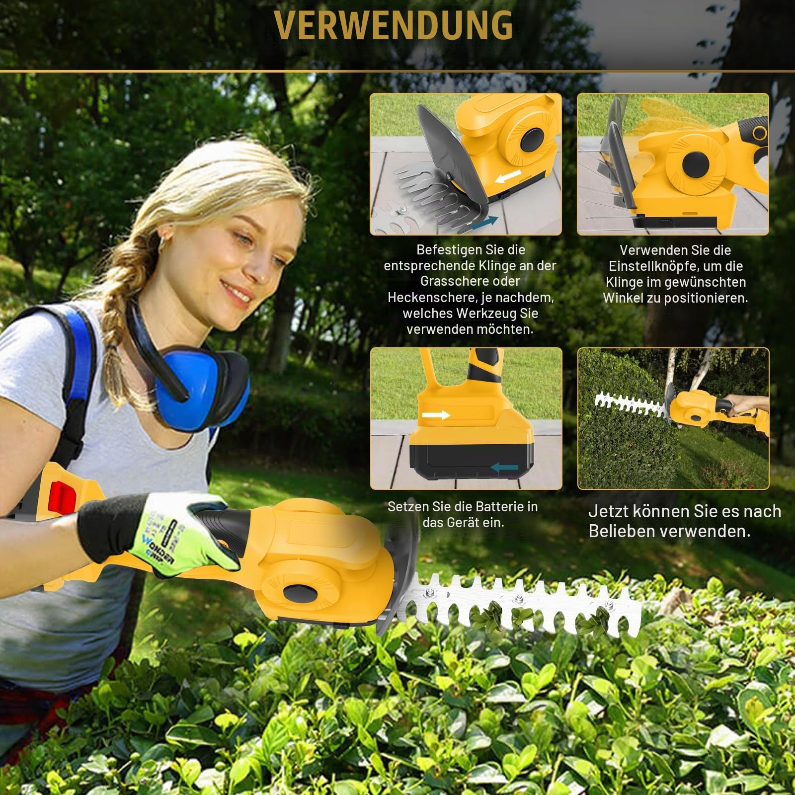 2-in-1 Akku Heckenschere & Grasschere für Dewalt 20V Akku (ohne Batterie) | 60° Verstellbare, Elektrische Strauchschere, Rasenschere mit 2 Aufsatzklingen, zum Schneiden von Strauch und Gras