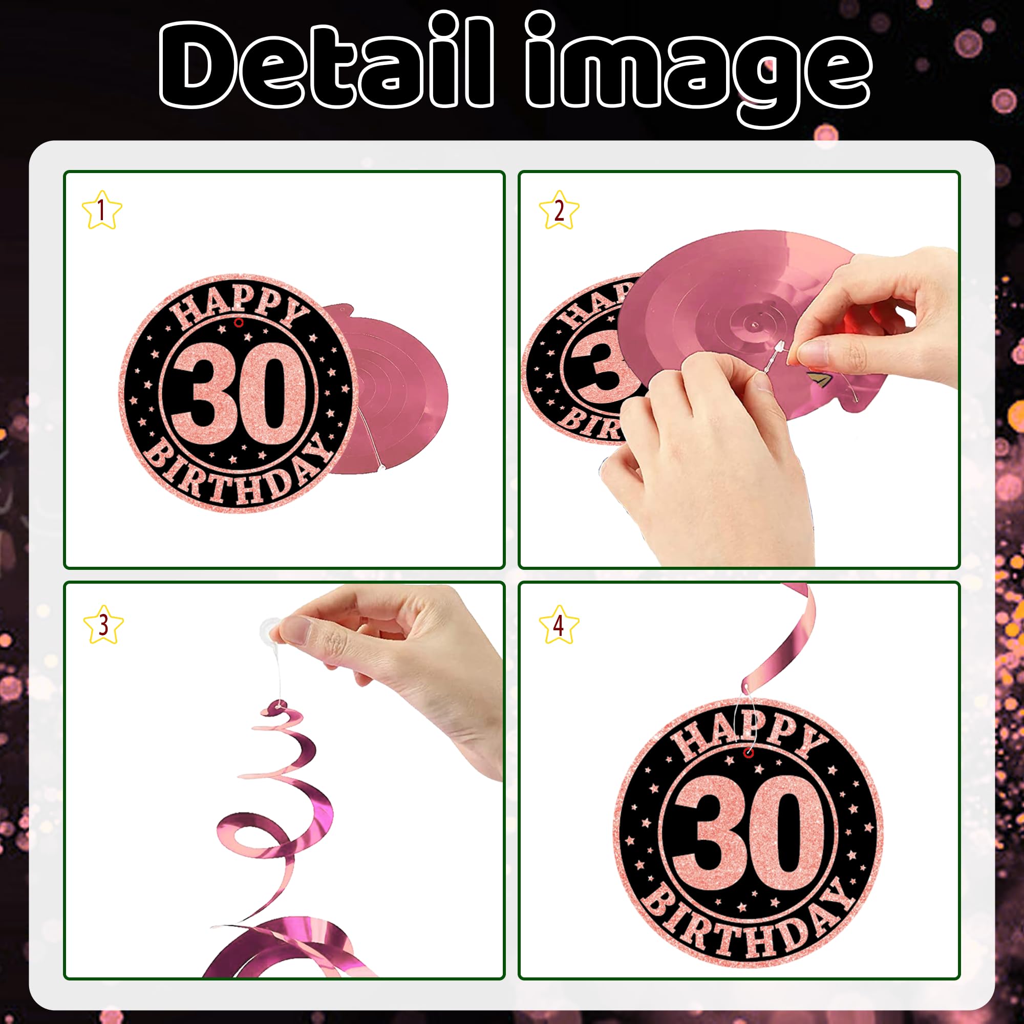 Decorazioni Compleanno 30 Anni | Vortici Sospesi Oro E Nero | Kit 10 Pezzi Per Soffitto E Torte - 4