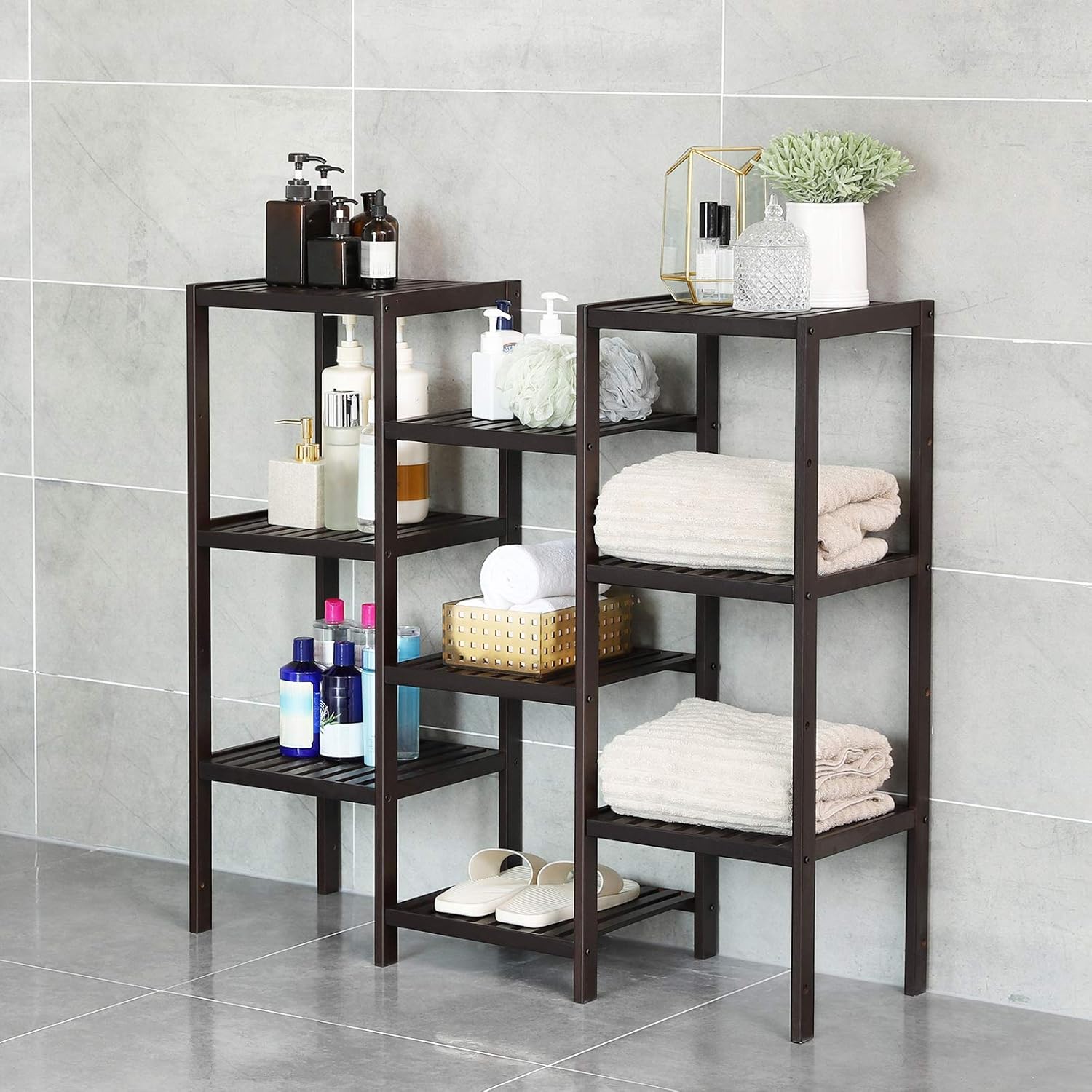 SONGMICS Bamboo Customizable Plant Stand Flower Pots Holder Display Utility Shelf Bathroom Storage Rack Shelving Unit Brown UBCB93BR