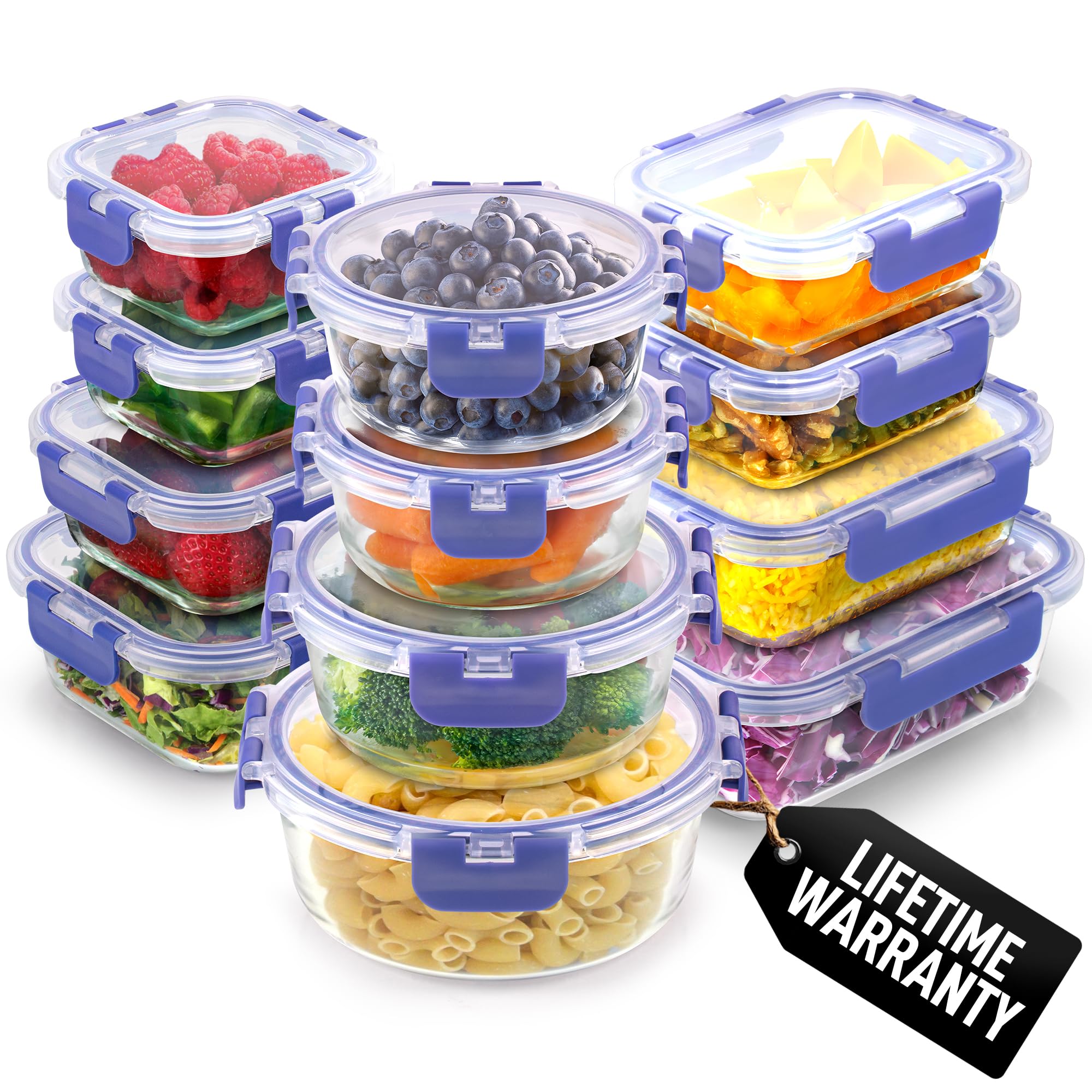 Zulay Kitchen Perwinkle Glass Containers With Lids 12-Pack, Freezer Safe Food Glass Tupperware Set - Meal Prep Containers Set With Lids - Borosilicate Lunch Containers, Microwave & Oven Safe - Preiwinkle