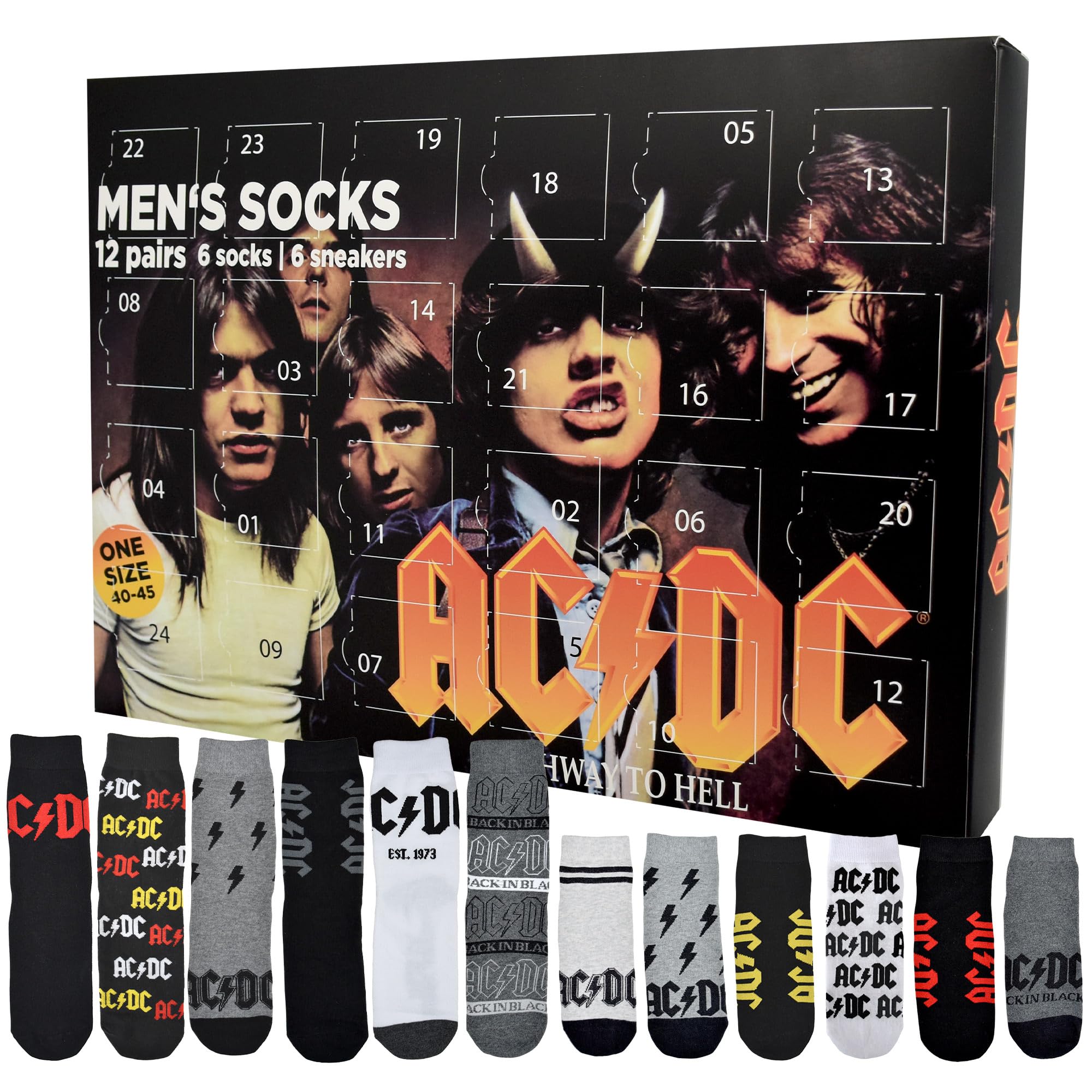 Calendrier de l'Avent AC/DC avec 12 paires de chaussettes Taille 40-45 pour homme ACDC Rockband Calendrier de Noël avec baskets et chaussettes longues