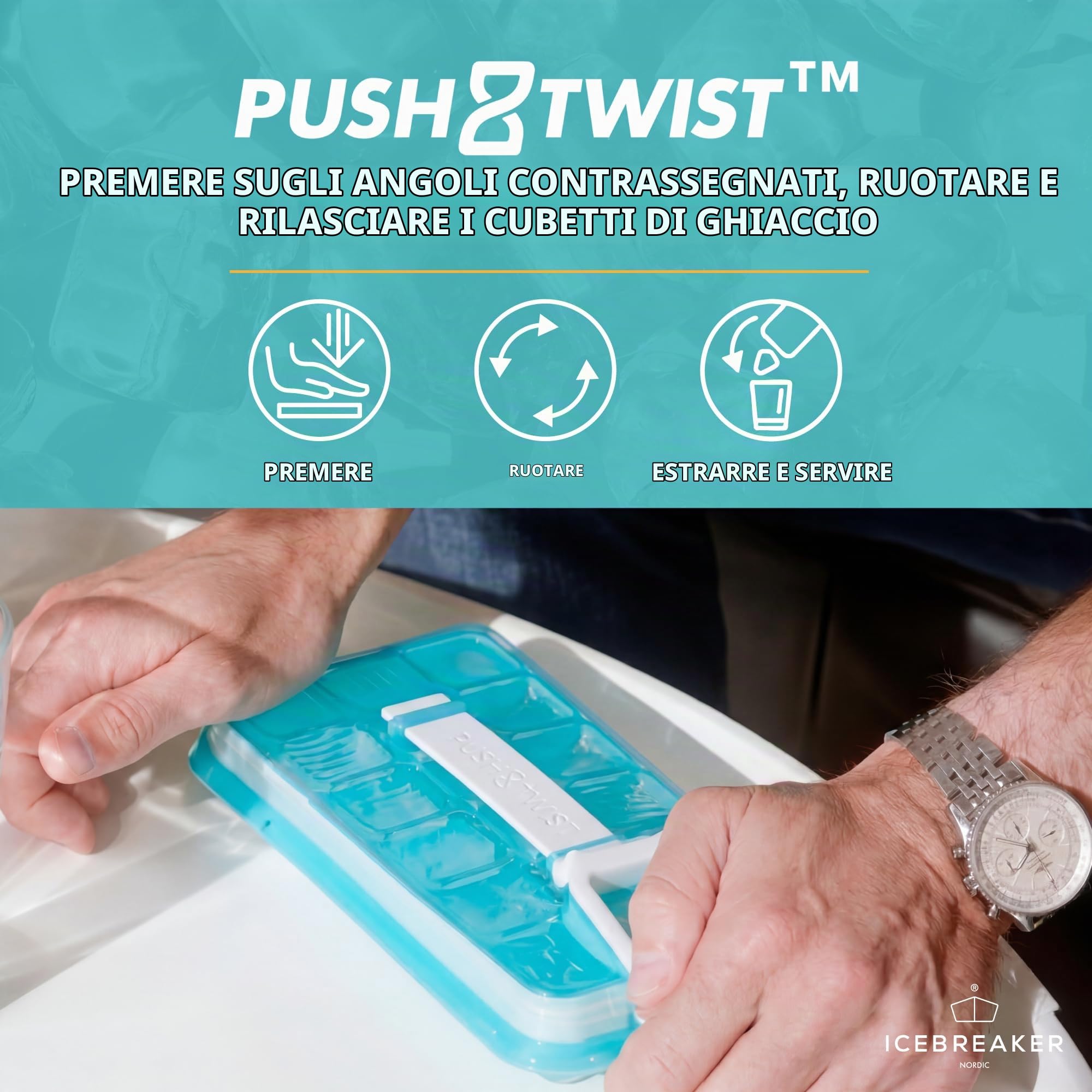 ICEBREAKER Nordic Push & Twist - 3 stampi per cubetti di ghiaccio con coperchio (18 x 3 cubetti di ghiaccio), vassoi per cubetti di ghiaccio per congelatore con coperchio, stampi per ghiaccio senza