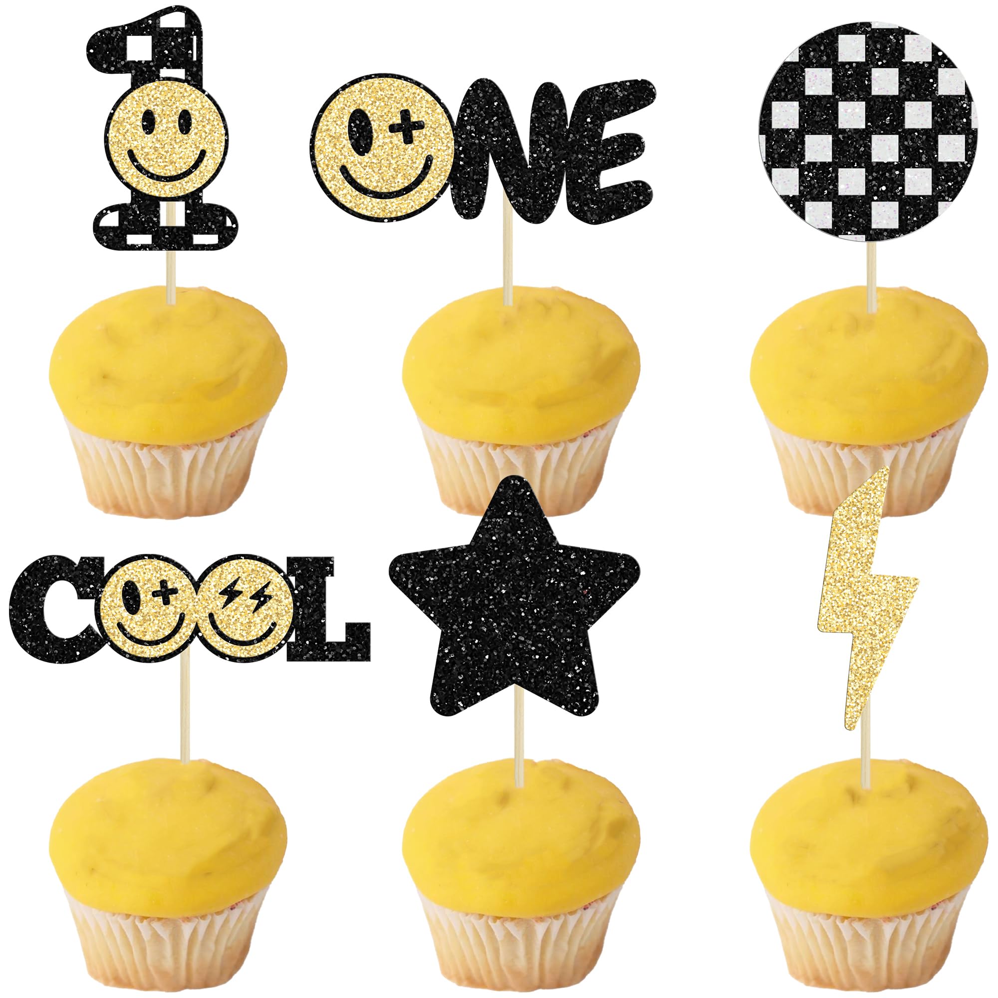 Gyufise 24Pcs One Happy Dude 1st Birthday Cupcake Toppers Groovy One Cool Dude Cupcake Picks for Preppy Y2k Theme Bachelorette Party Supplies