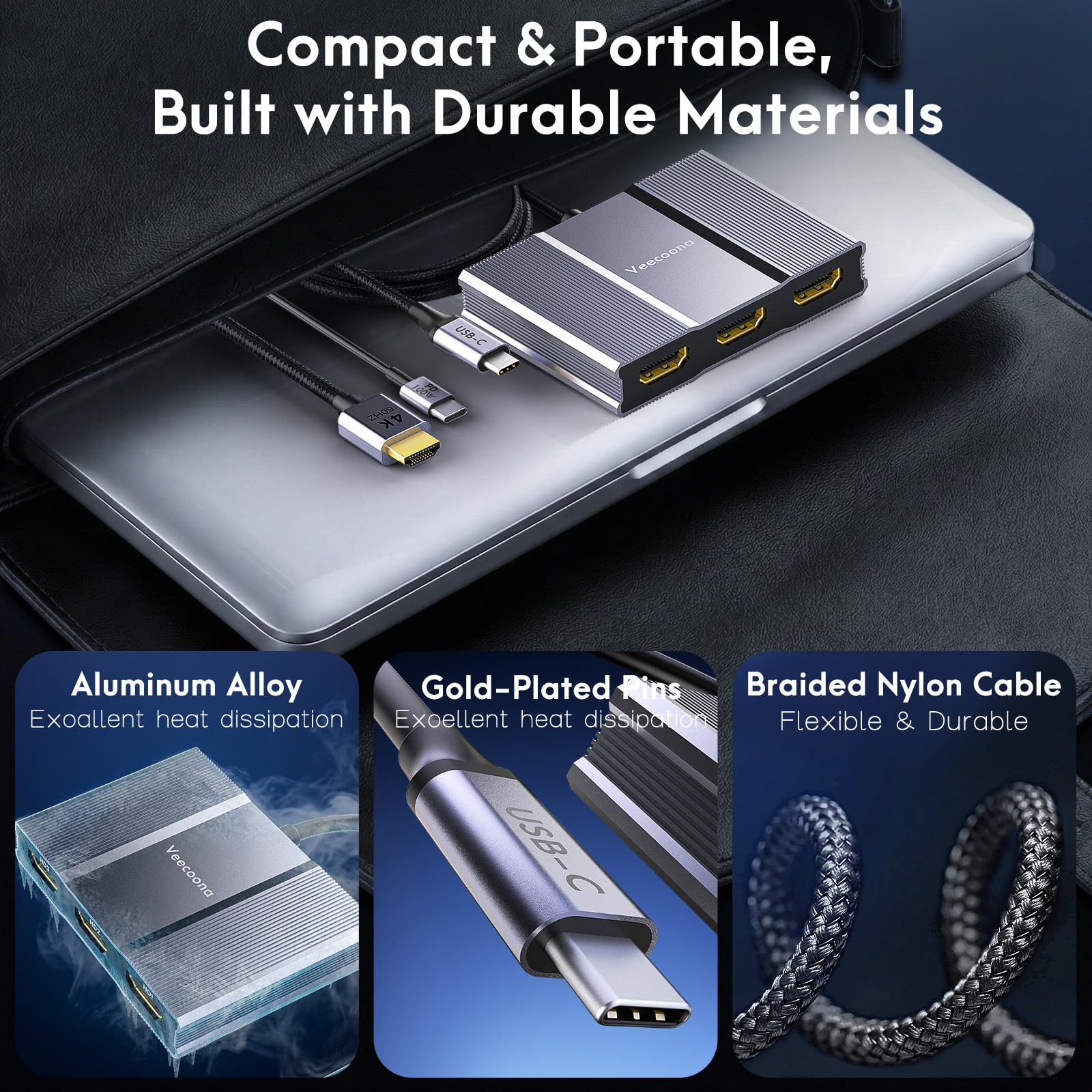 Adaptateur USB C vers 3 HDMI avec PD 100 W, répartiteur HDMI 4K @ 60 Hz, écran étendu 1 entrée 3 sorties pour plusieurs écrans, compatible avec ordinateur portable, PC, carte graphique USB-C