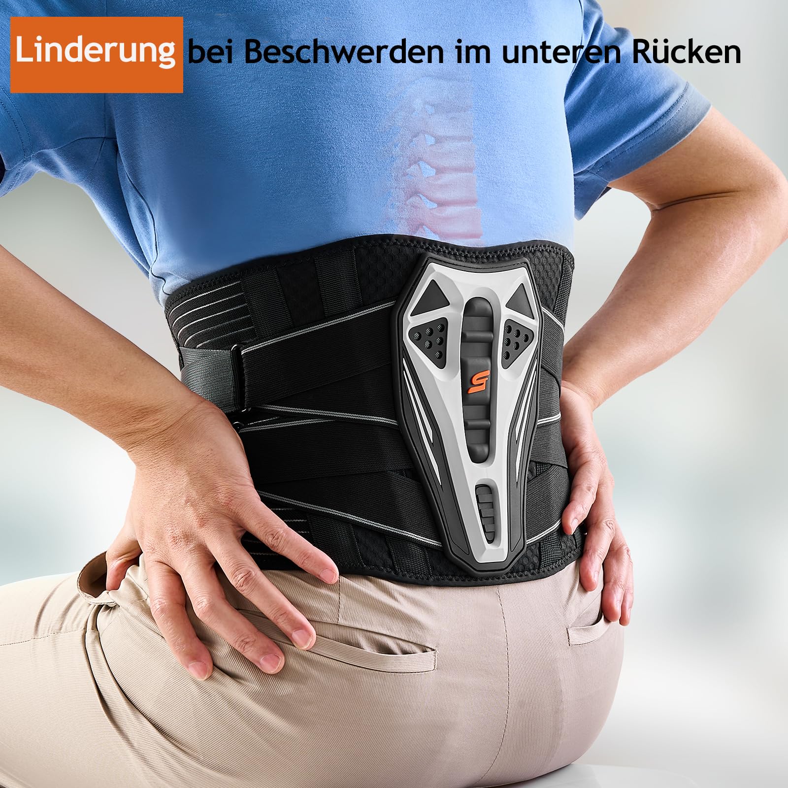 SueStar Rückenstützgürtel mit 3D-Stützkissen Rückenbandage Rückenstütze | Bionischer TPR-Smart-Stützrahmen + 3D-Stützkissen + 4 Stützstreben rutschfeste Silikon-Innenseite, atmungsaktives Mesh-Gewebe