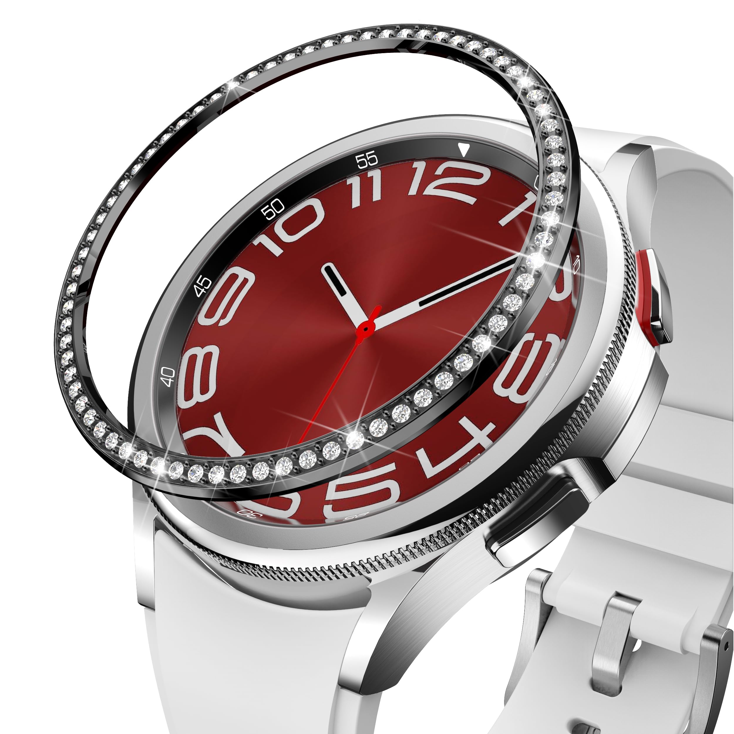 Etui na telefon komórkowy kompatybilne z Samsung Galaxy Watch 6 Classic 43 mm, pierścień na okulary ze stali nierdzewnej, błyszczące, akcesoria ochronne, czarne
