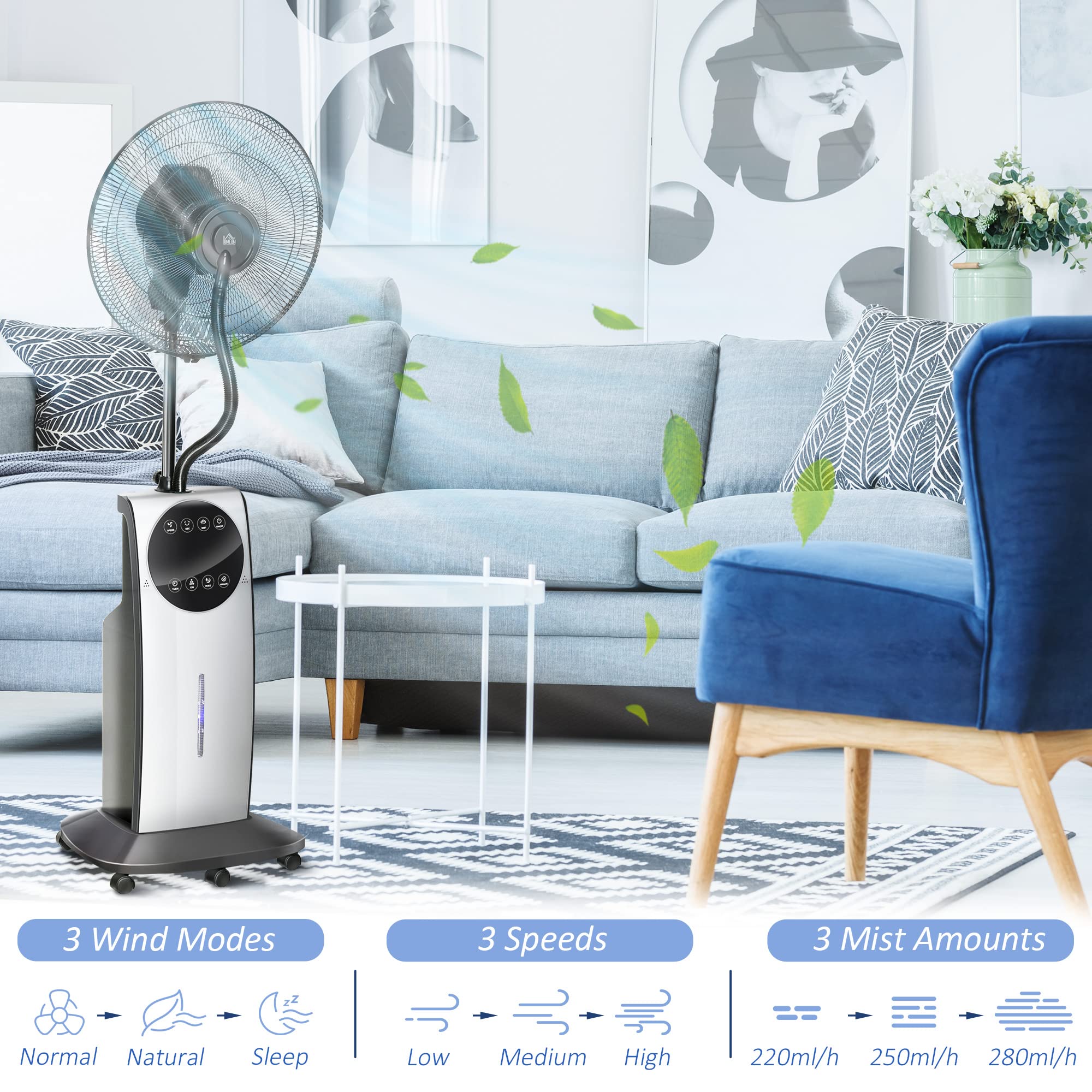 HOMCOM Ventilateur brumisateur silencieux 90 W, ventilateur sur pied 135 cm avec 3 modes 3 vitesses, télécommande, minuterie 12H, oscillation à 70°, écran LED, réservoir d'eau de 3,1L, gris et noir