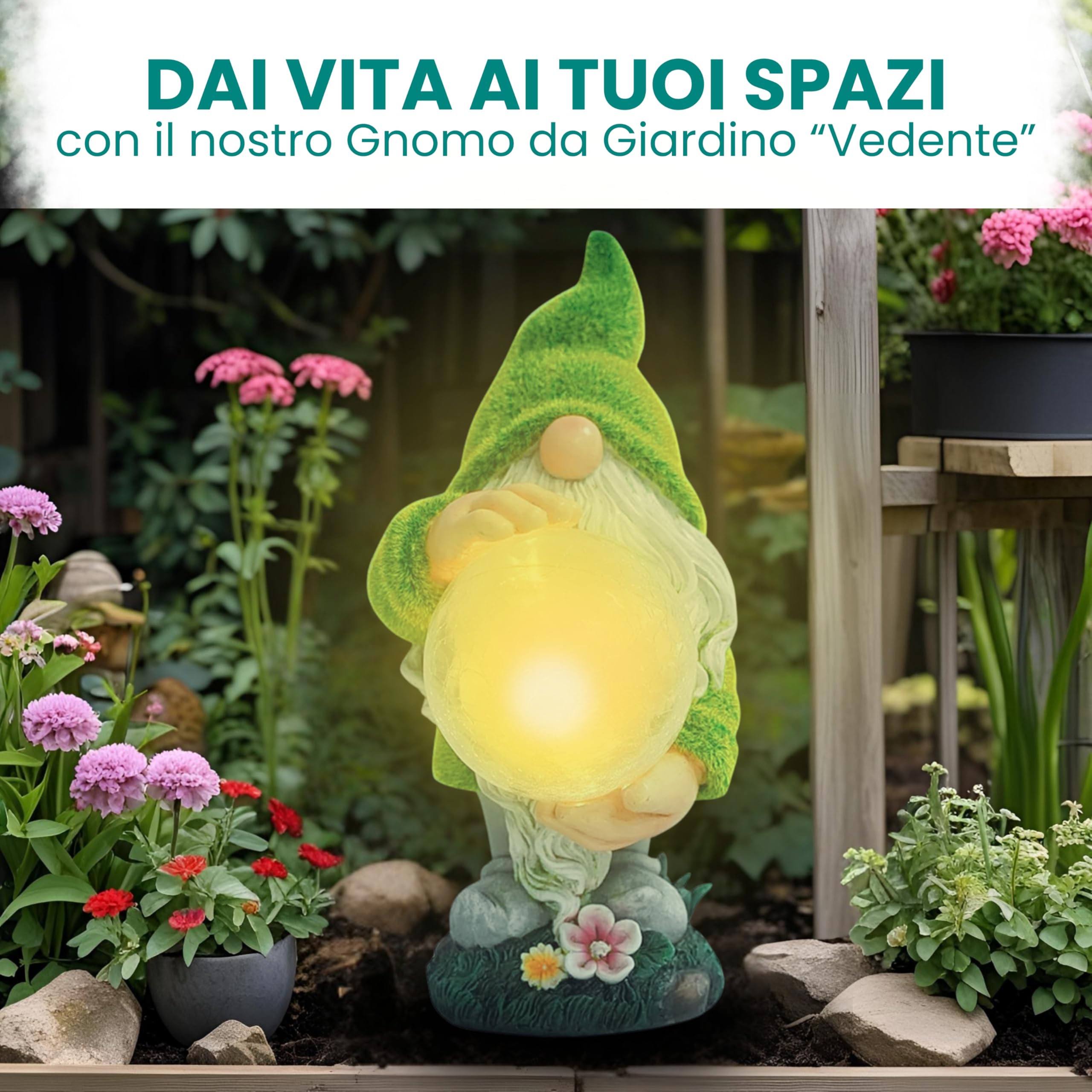 Gnomo Vedente con Luce Solare – Figura Decorativa da Giardino in Resina – Nano con Sfera Luminosa LED – Decorazione Originale per Giardino, Terrazza e Patio