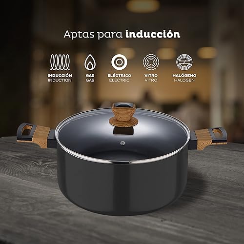 Miniatura 3 de BERGNER Earth - Cacerolas de cocina (9 piezas, 20, 24 y 11.0 in, con tapa de cristal y juego de 3 accesorios de madera, aluminio prensado,