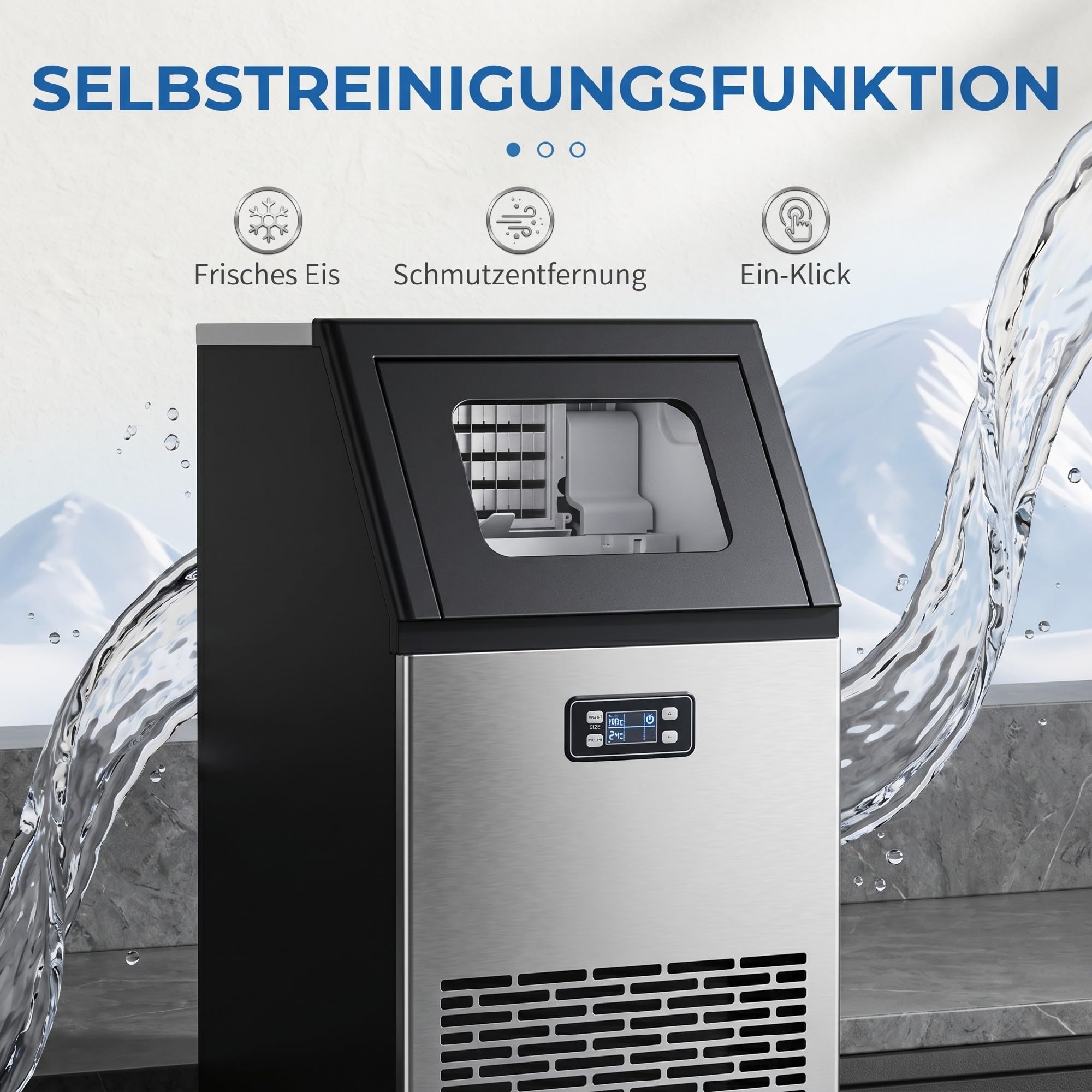 HOMCOM Kommerzielle Eiswürfelmaschine 45kg/24H mit LCD-Anzeige, 11 kg Speicher, Timer und Selbstreinigung, Freistehende Edelstahl Eismaschine Eiswürfelbereiter für Bar Café