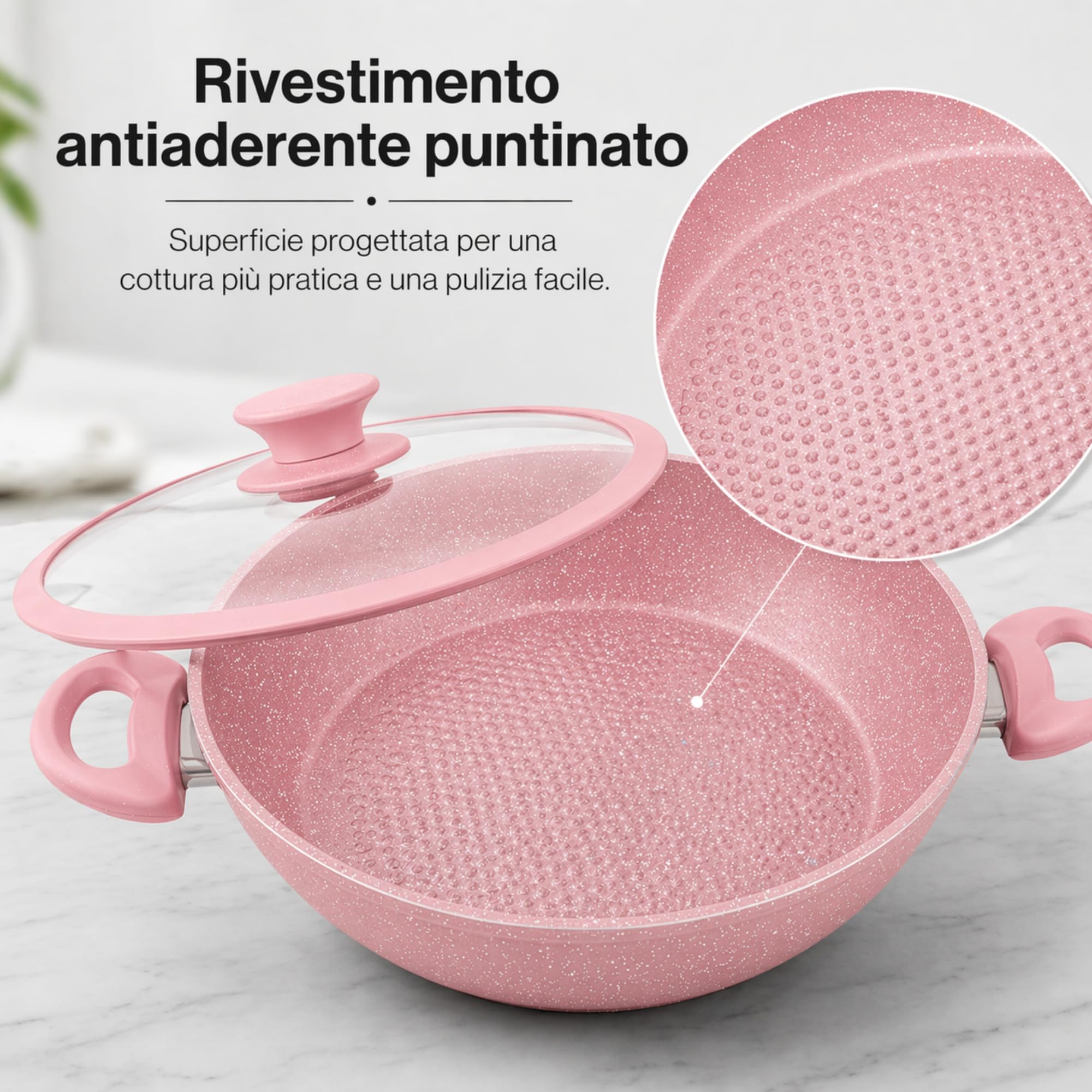 VKZ Set Pentole e Padelle 3 Pezzi, 3 Padelle Antiaderenti con 3 Coperchi in Vetro + 1 Utensili da Cucina, Rivestimento Antiaderente, Manici Ergonomici, Adatte a Gas e Induzione(rosa)
