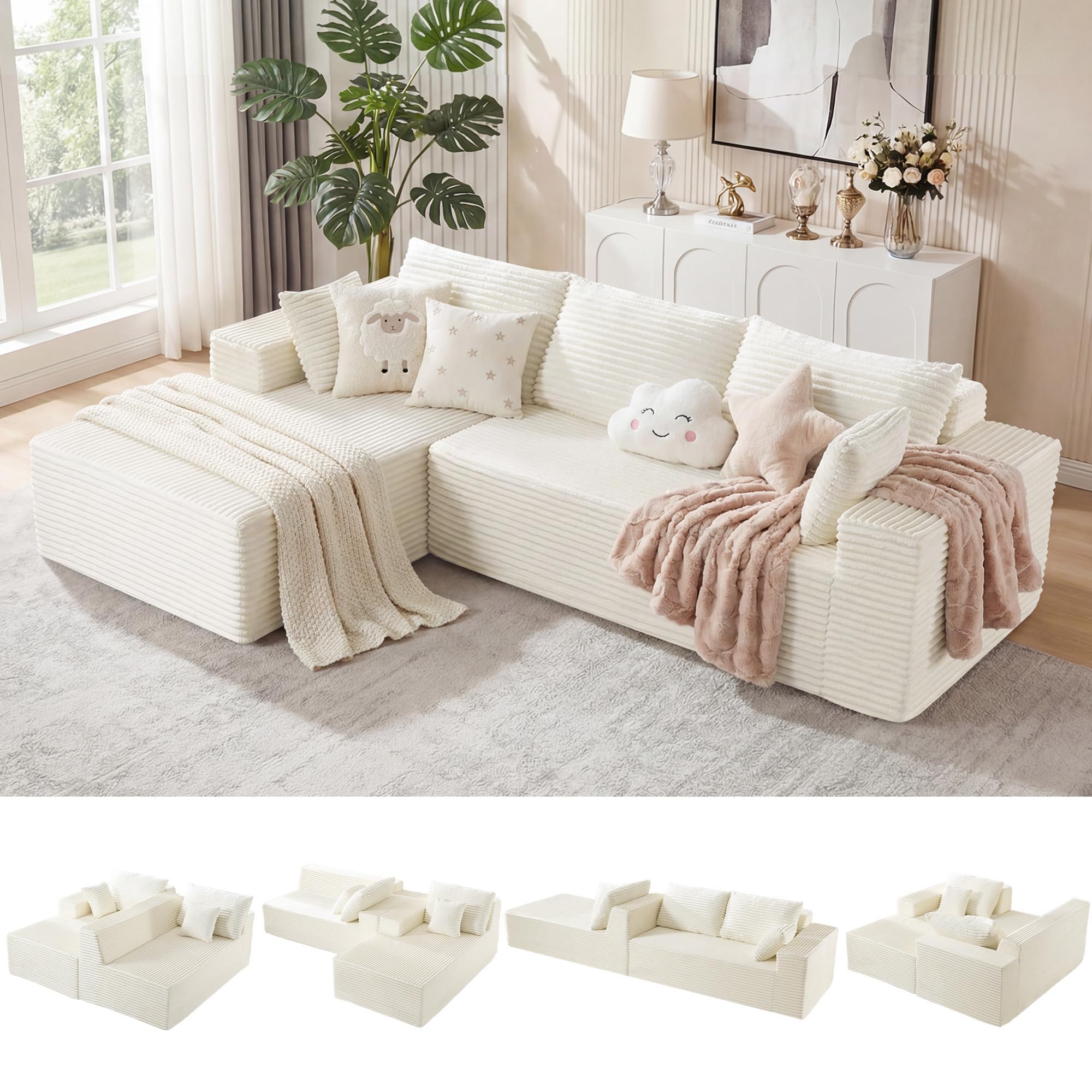 110 Boneless Sectional Couch with Chaise Lounge Cloud Couch Compressed Sofa L Shape No Assembly Memory Foam Sofa