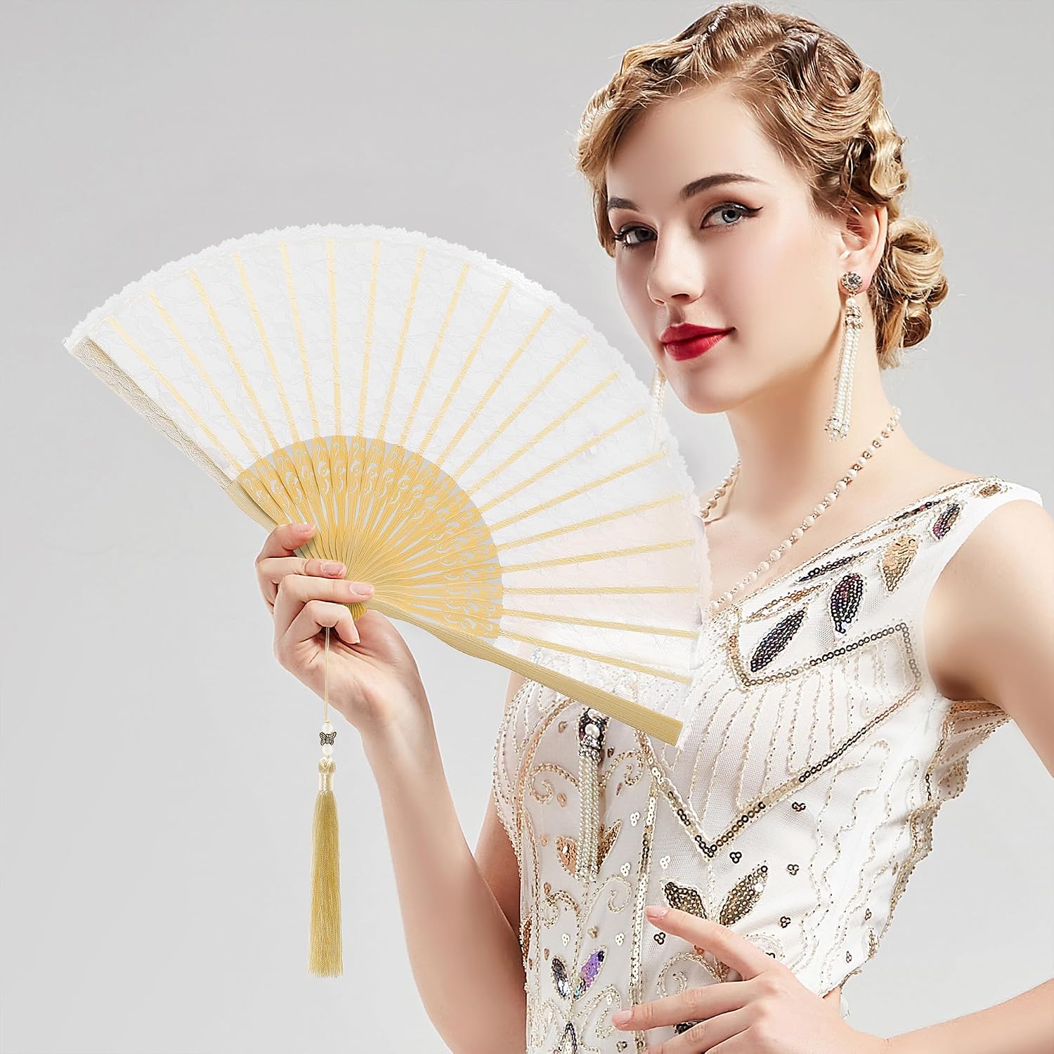 BABEYOND Lace Folding Hand Fan, Embroidered Bamboo Wedding Accessory