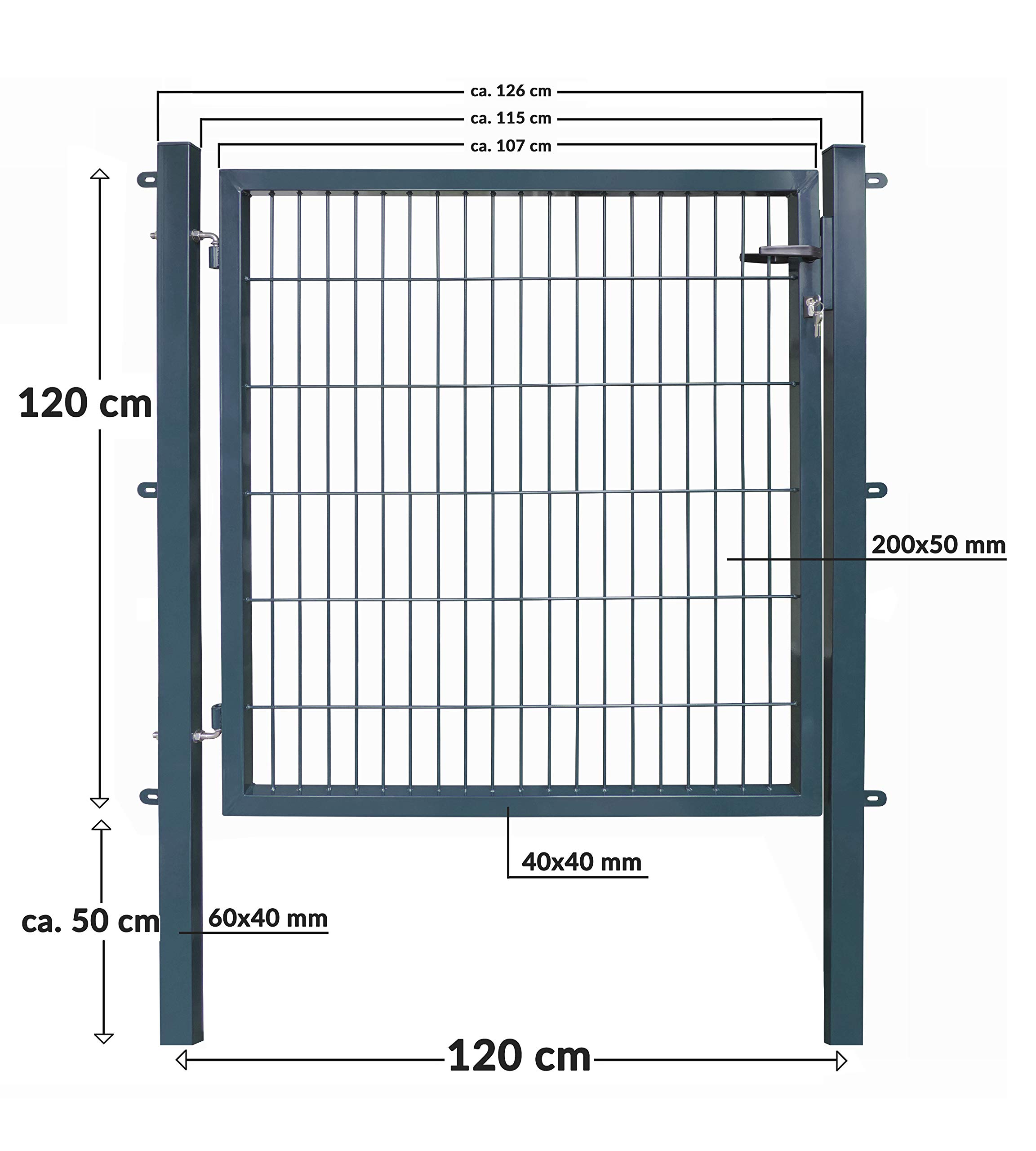 Koll Living Gartentore für Stabmattenzaun mit 120 cm Breite - Farbe und Höhe wählbar - inkl. Pfosten und Befestigungsmaterial (H 120 x B 120 cm, anthrazit)