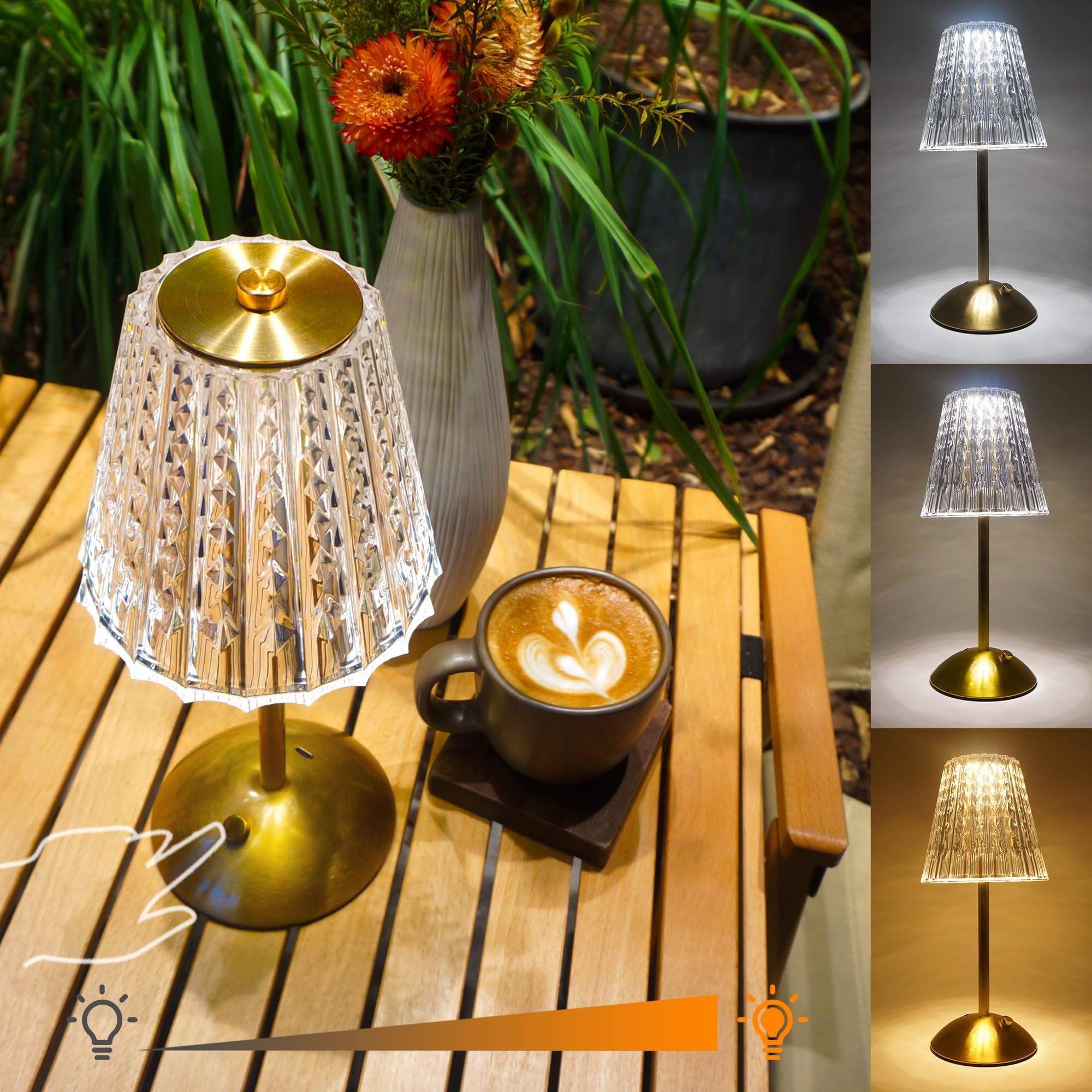 Amingulry Cordless Table Lamp, 4000mAh Rechargeable Battery Operated Lamp, 3 Color Modes & Stepless Dimmable LED Touch Lamp, Portable Crystal Metal Beside Lamps for Bedroom Restaurant Outdoor(Gold) — image 1