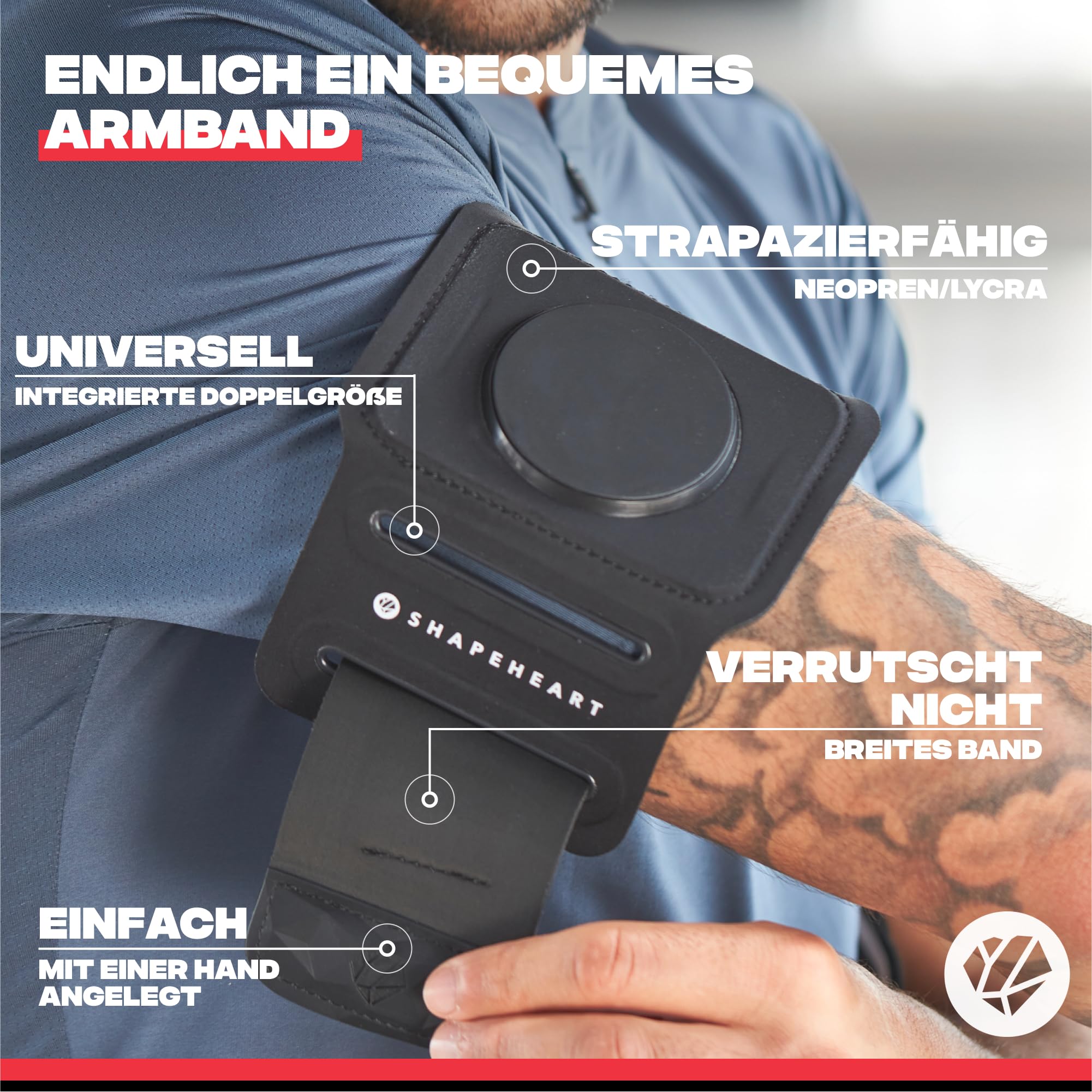 Shapeheart französische Innovation, Universelles Handyarmband für Sportler zum Joggen, Laufen, Wandern... Smartphone-Armband mit abnehmbarer, wetterfester Magnethülle