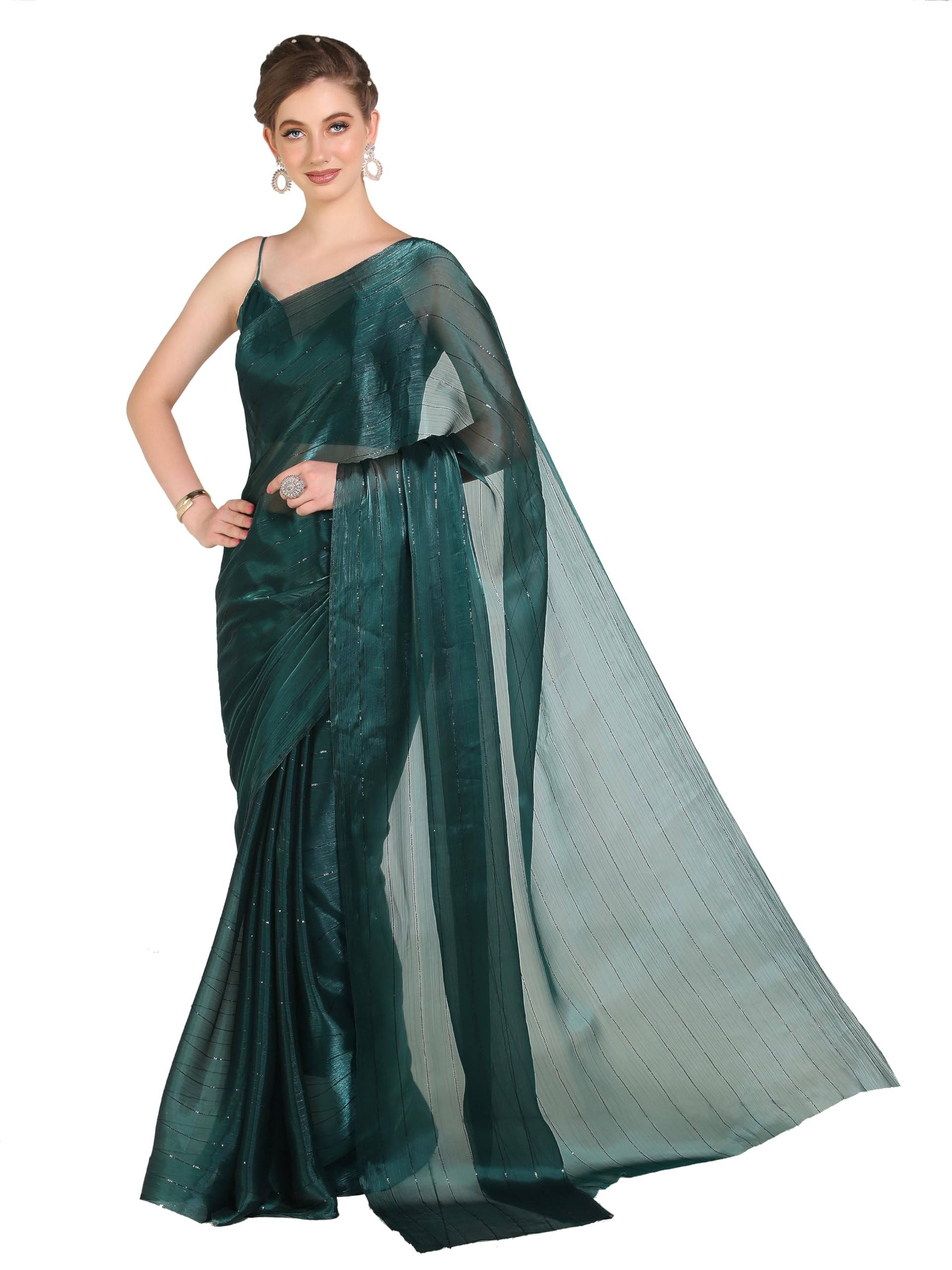Pujia Mills Woman's Sequence Silk Rama Saree With Stitched Spaghetti Strap Sleeveless Blouse
