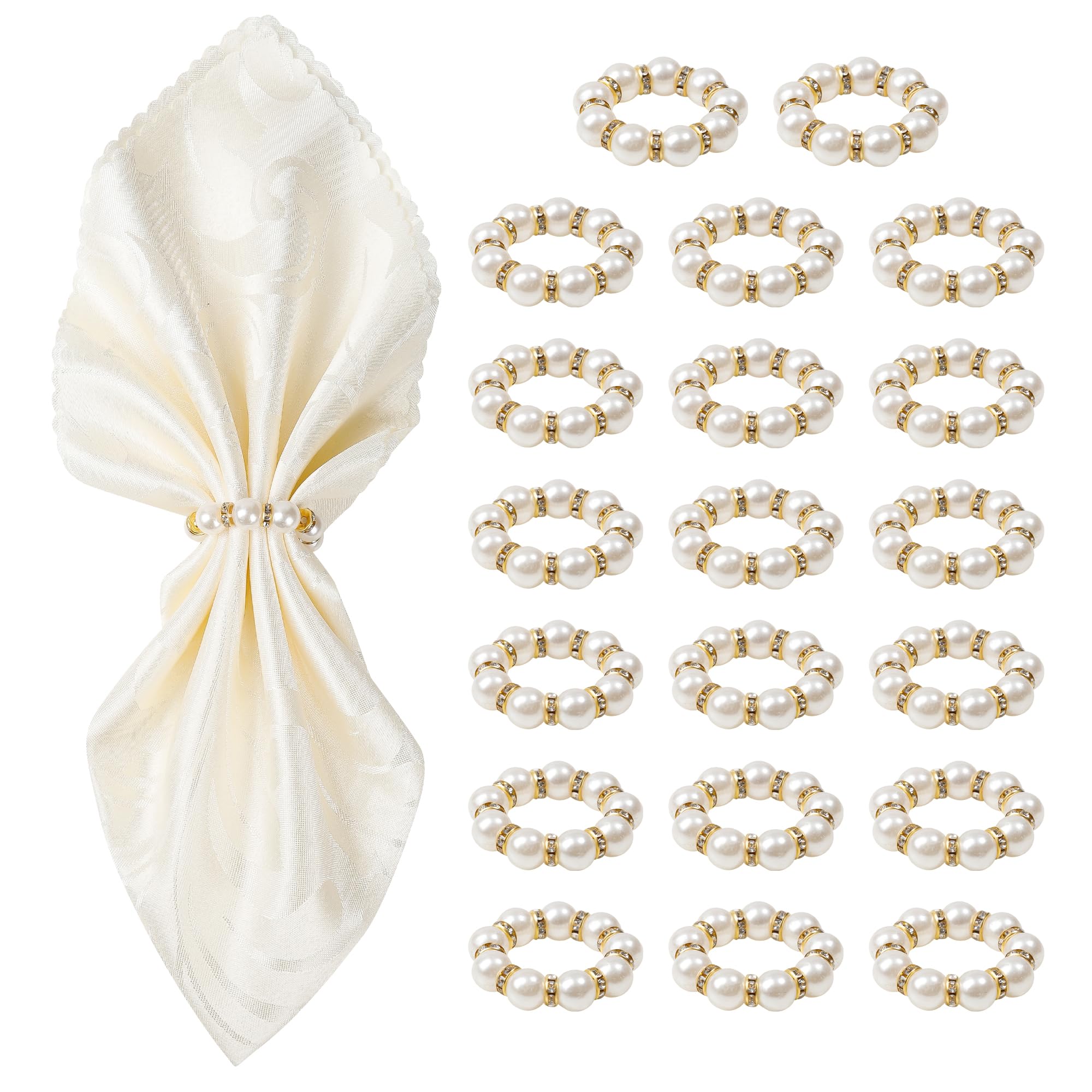 Gold Napkin Rings 20Pcs, Imitation Pearl Napkin Rings Napkin Holder, Elegant Rhinestone Gold Beaded Serviette Buckles for Weddings, Party Supplies &