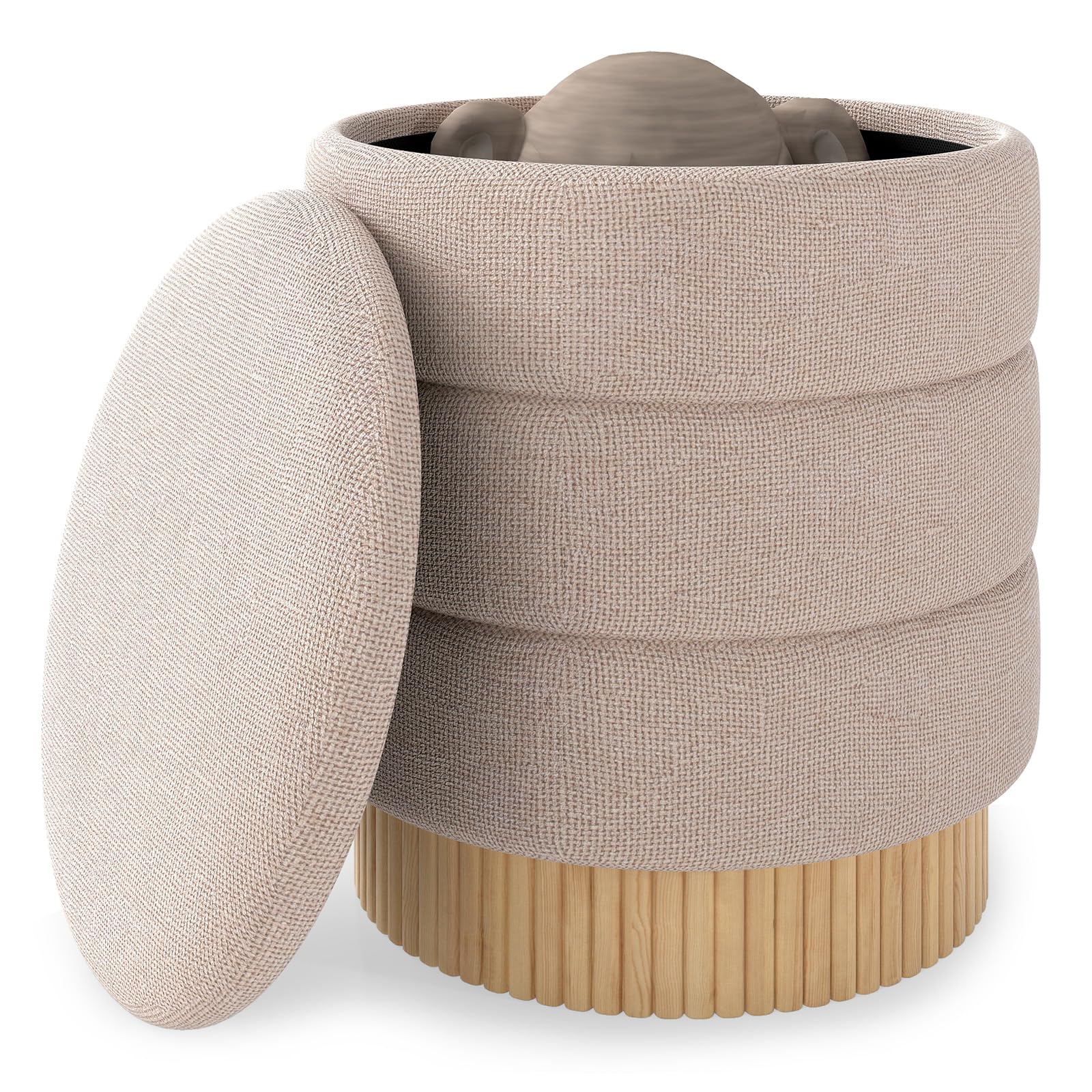 COSTWAY Puff con Almacenaje, 43x46 cm, Taburete de Tocador Redondo con Tapa Extraíble y Base de Madera, Asiento Tapizado, Mesa Ayudante y Reposapiés en uno para Salón, Dormitorio, Carga 150kg, Beige