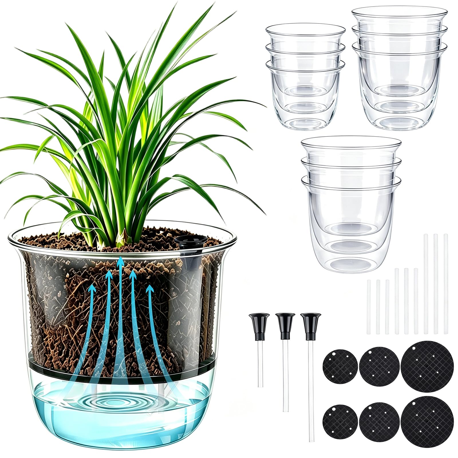 9 Lot de 3 Pots de Fleurs Transparents en Plastique à Arrosage Automatique Jardinières Modernes avec Système D'Arrosage Intégré pour Semis D'Intérieur Décoration de Maison Jardin Balcon