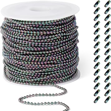 [50 Feet] Rainbow Stainless Steel Ball Bead Chains Roll, 1.5mm Width 304 Stainless Steel Ball Chains Spool with 30 PCS Connectors Bulk for Jewelry Making