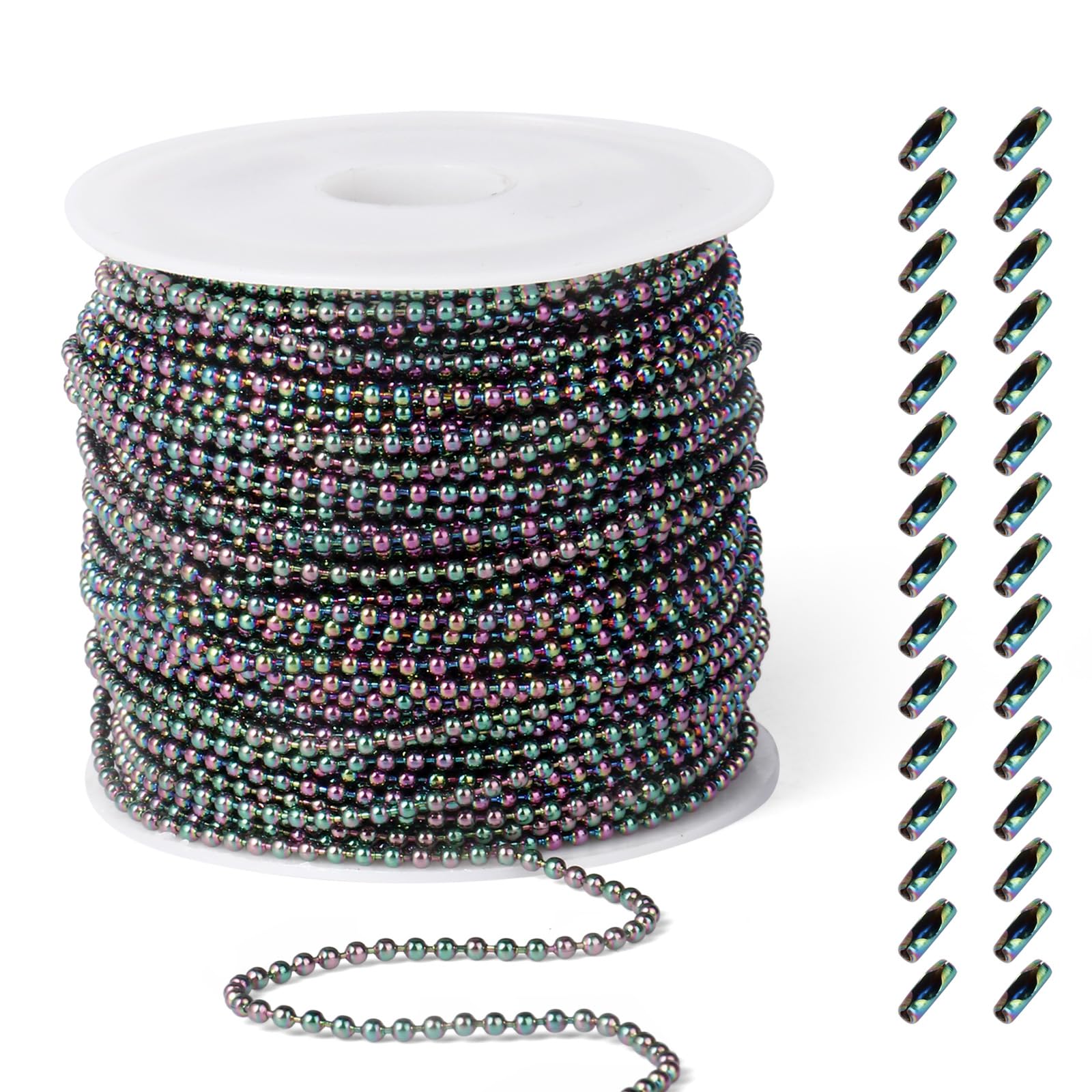 View 1 of [50 Feet] Rainbow Stainless Steel Ball Bead Chains Roll, 1.5mm Width 304 Stainless Steel Ball Chains Spool with 30 PCS Connectors Bulk for Jewelry Making
