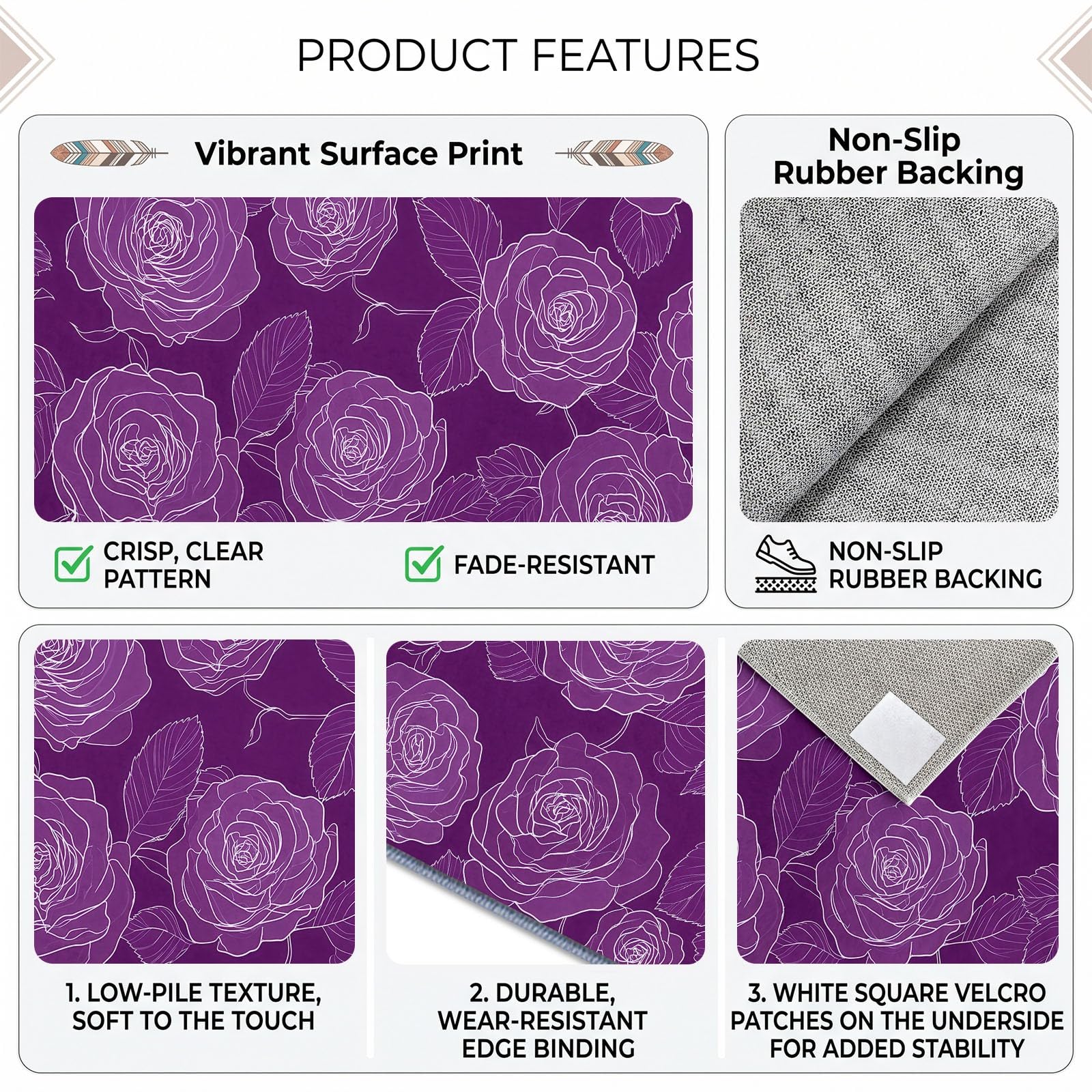Tapis Lavable en Machine 80 x 150 cm Dessin Au Trait Fleurs Roses Tapis Antidérapant en Flanelle Idéal pour Enfants et Animaux – Moquette de Chambre Doux, Poils Courts, Entretien Facile, Violet