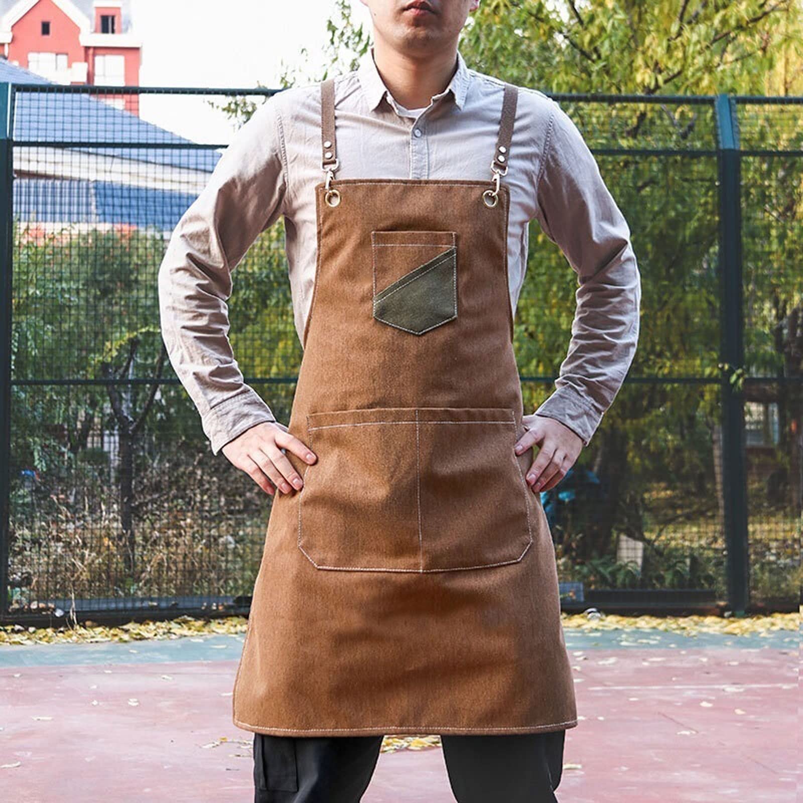 Grembiule da Cuoco con Bretelle Incrociate, in Tela, con Bretelle Regolabili, Tasche Grandi, per Cucinare, per Donna, per Uomo, per Bar, per Latte, per tè, per Fiori, per dipingere (Grigio)