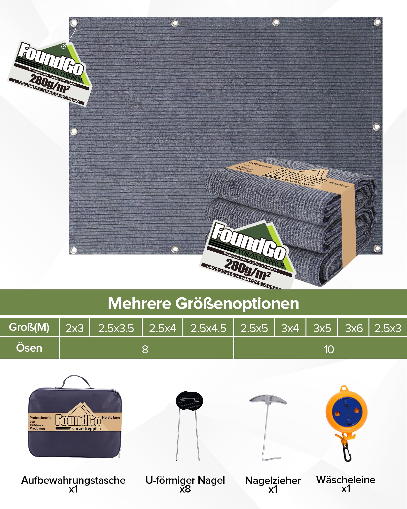 FoundGo Vorzeltteppich mit Ösen [280g/m² HDPE] Camping Teppich Outdoor Vorzeltboden inkl. Tragetasche 8 Stahlnägel & Wäscheleine