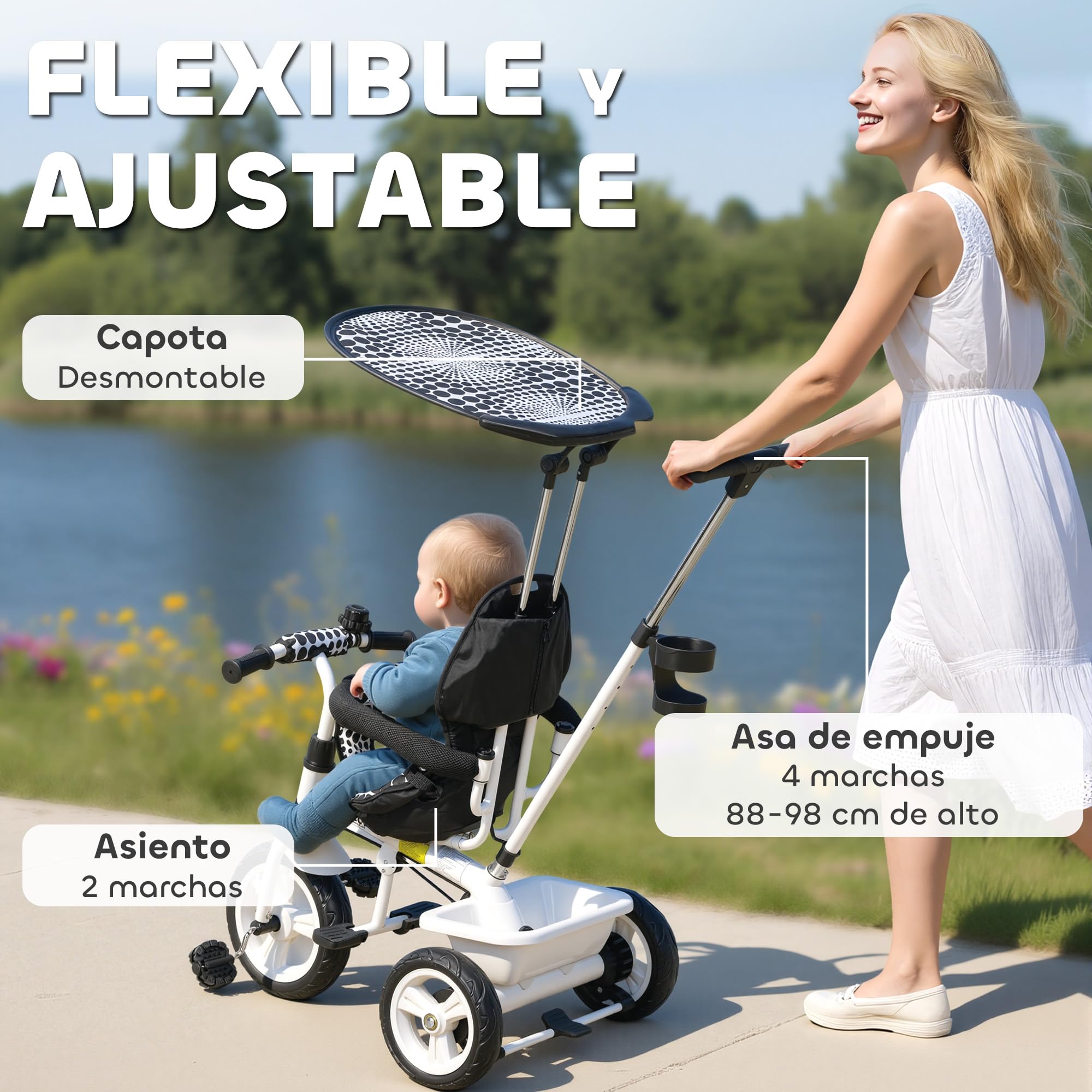HOMCOM Triciclo para Bebés 6 en 1 Triciclo Evolutivo para Niños de +12 Meses con Toldo Plegable Mango de Empuje Telescópico y Desmontable Asiento Ajustable Cesto y Portabotellas Blanco