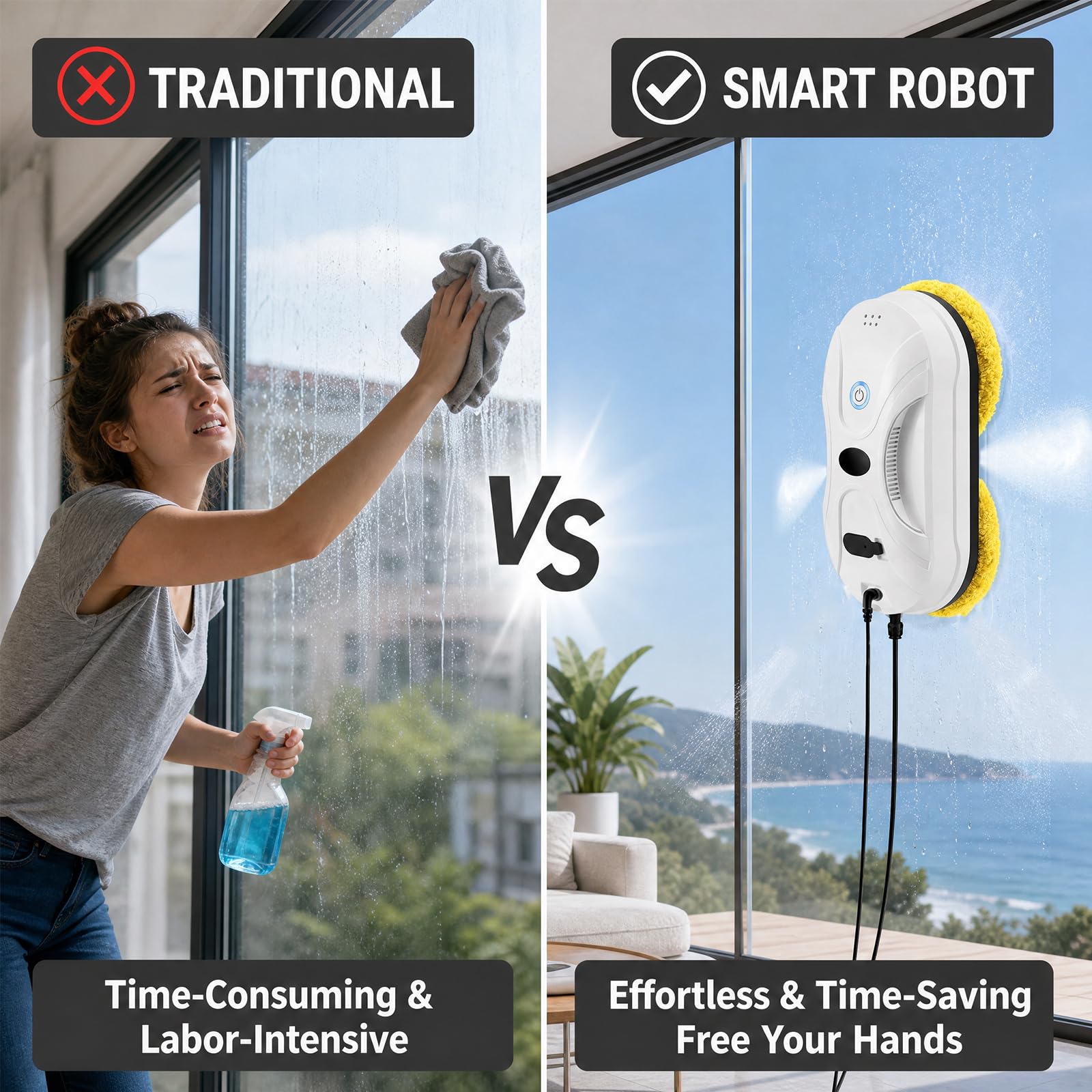 Robot limpiador de ventanas automático robot limpiador de ventanas | Potente succión y pulverizador de agua, limpiador inteligente de ventanas con navegación, reconocimiento de bordes para