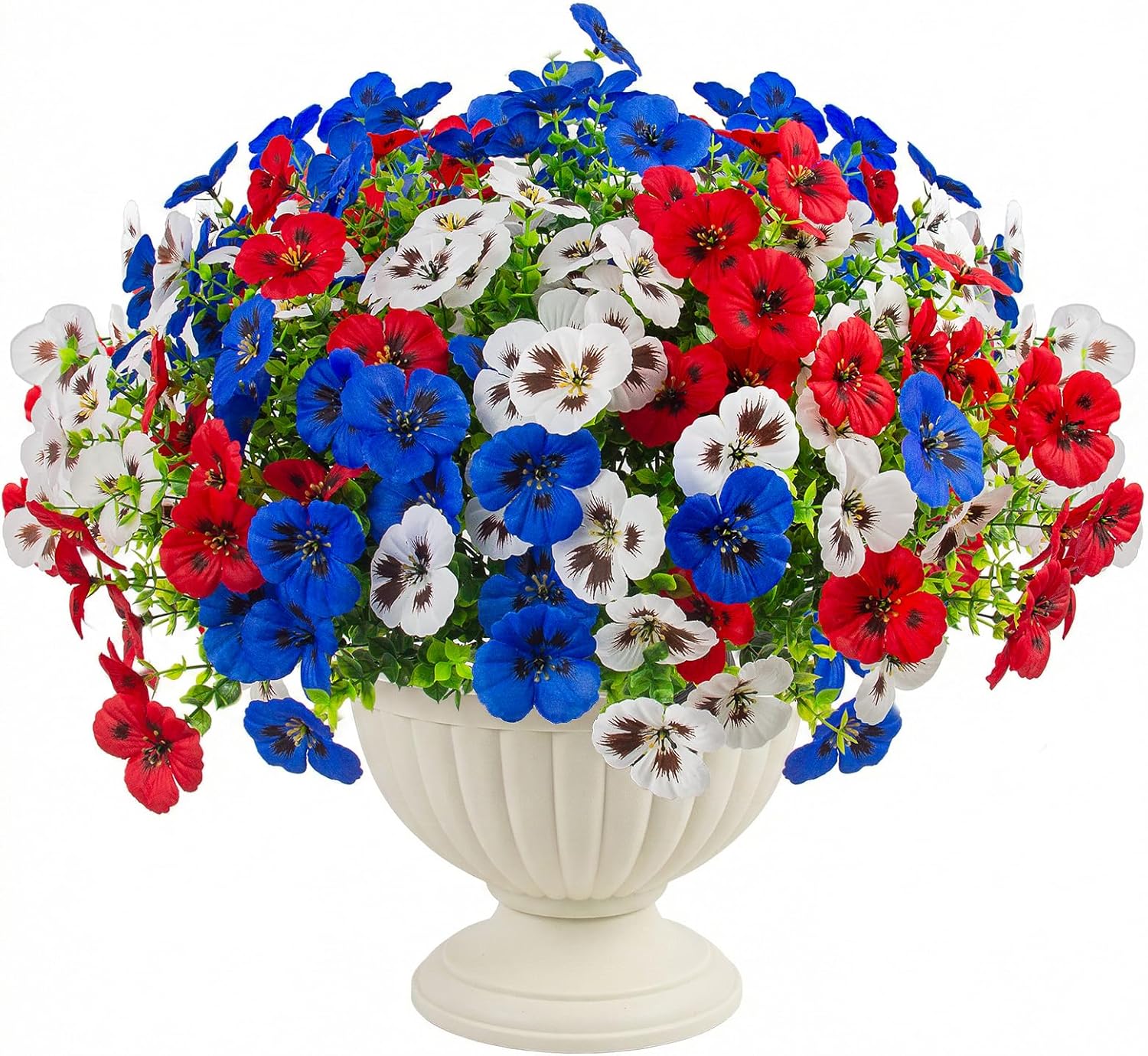 18 Pcs Artificial Fake Pansy Flowers for Outdoor, UV Resistant Faux Silk Pansies Patriotic Flowers for Outside for Planter Front Door Porch Patio Window 4th of July Home Decor (18, Red, White, Blue)